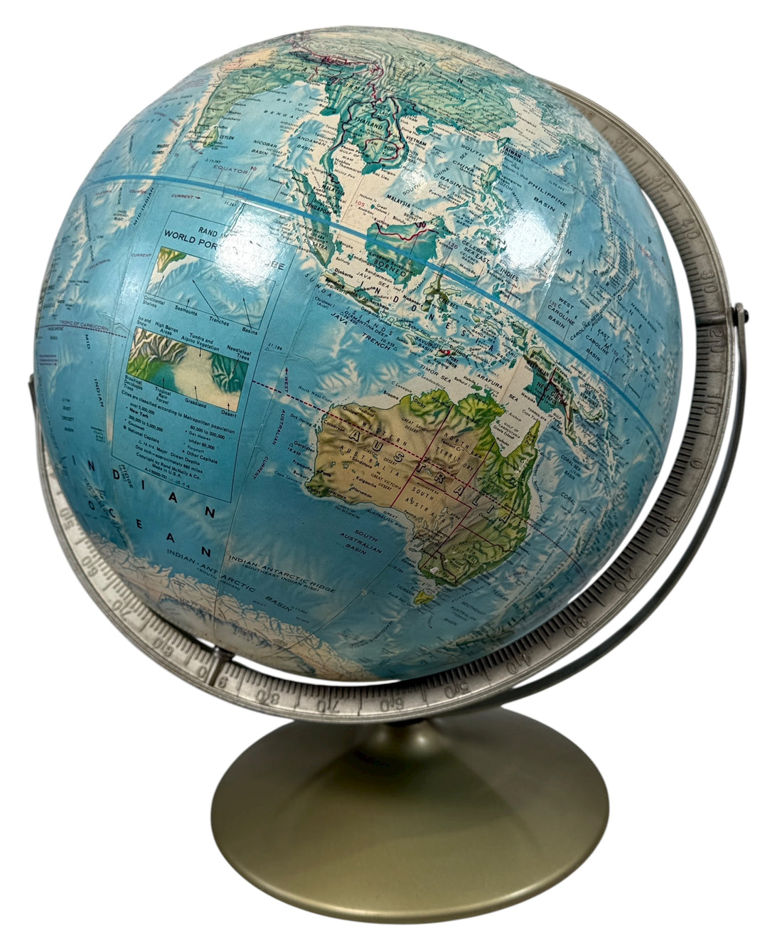 Vintage 1990 Rand McNally raised relief world globe showing USSR and unified Germany — Cold War era map with textured terrain and metal stand, Made in USA.