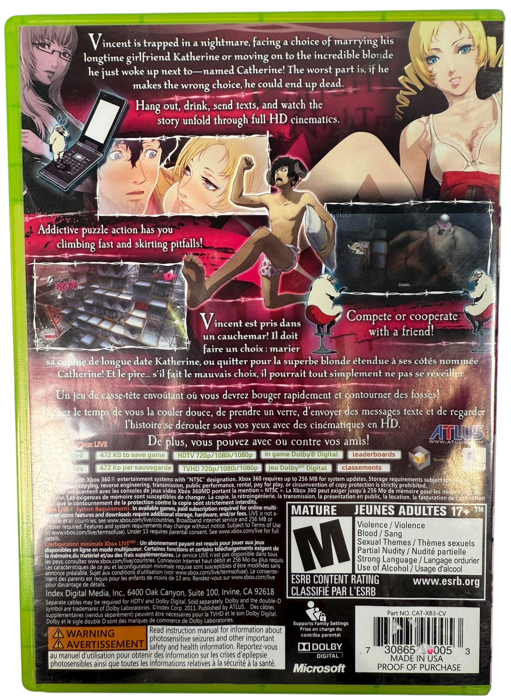 Catherine for Xbox 360 , NTSC, by Atlus – complete with manual, tested and clean. Cult-classic puzzle adventure game in great condition.