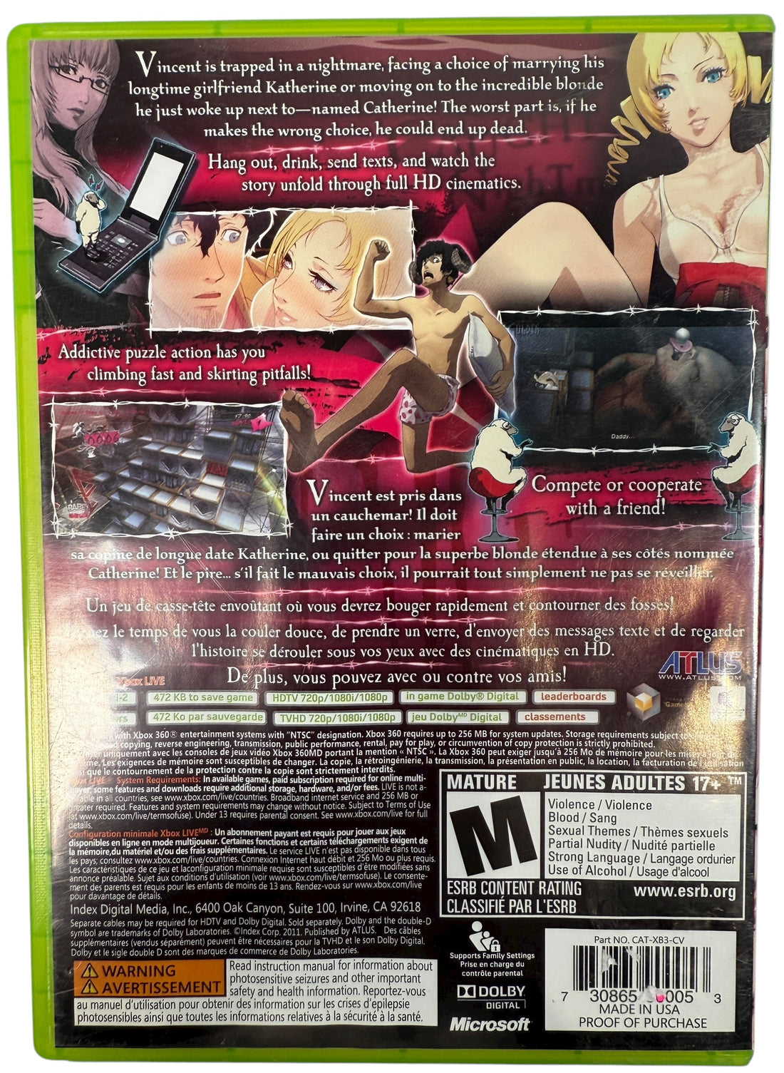 Catherine for Xbox 360 , NTSC, by Atlus – complete with manual, tested and clean. Cult-classic puzzle adventure game in great condition.