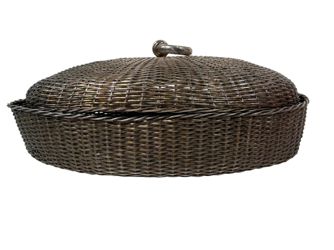 Vintage Israeli silver-plated woven bread basket with domed lid. Elegant mid-century Judaica serveware, ideal for bread or display.