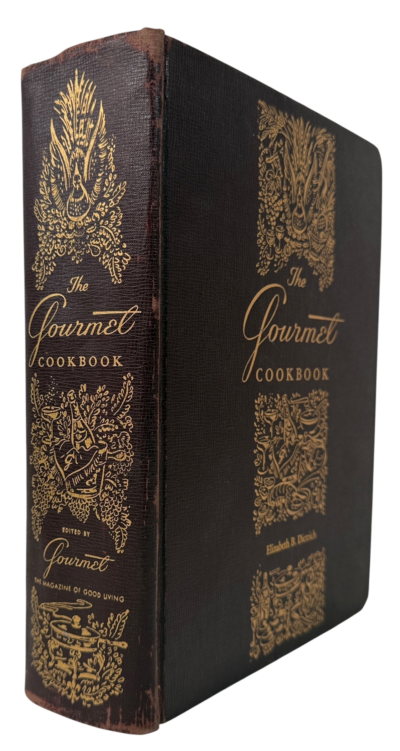 Vintage 1950 Gourmet Cookbook by Elizabeth B. Dietrich. Early edition from Gourmet Magazine with gilt cover and color plates. Classic mid-century collectible.