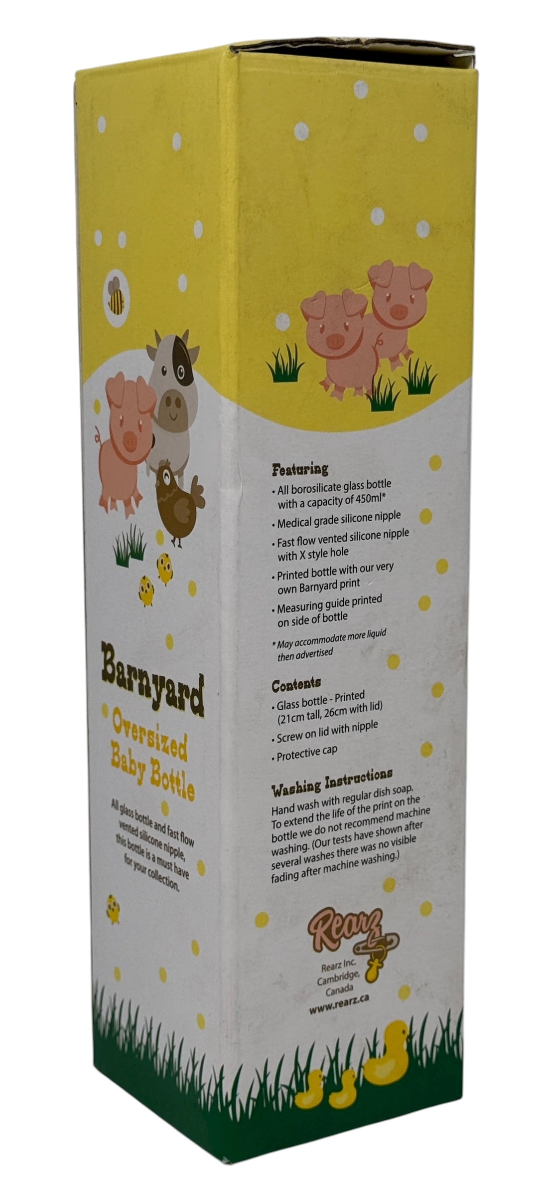 Rearz Barnyard oversized glass adult baby bottle, full-print barn animals, borosilicate glass, silicone nipple. Rare adult-sized collectible & display piece.