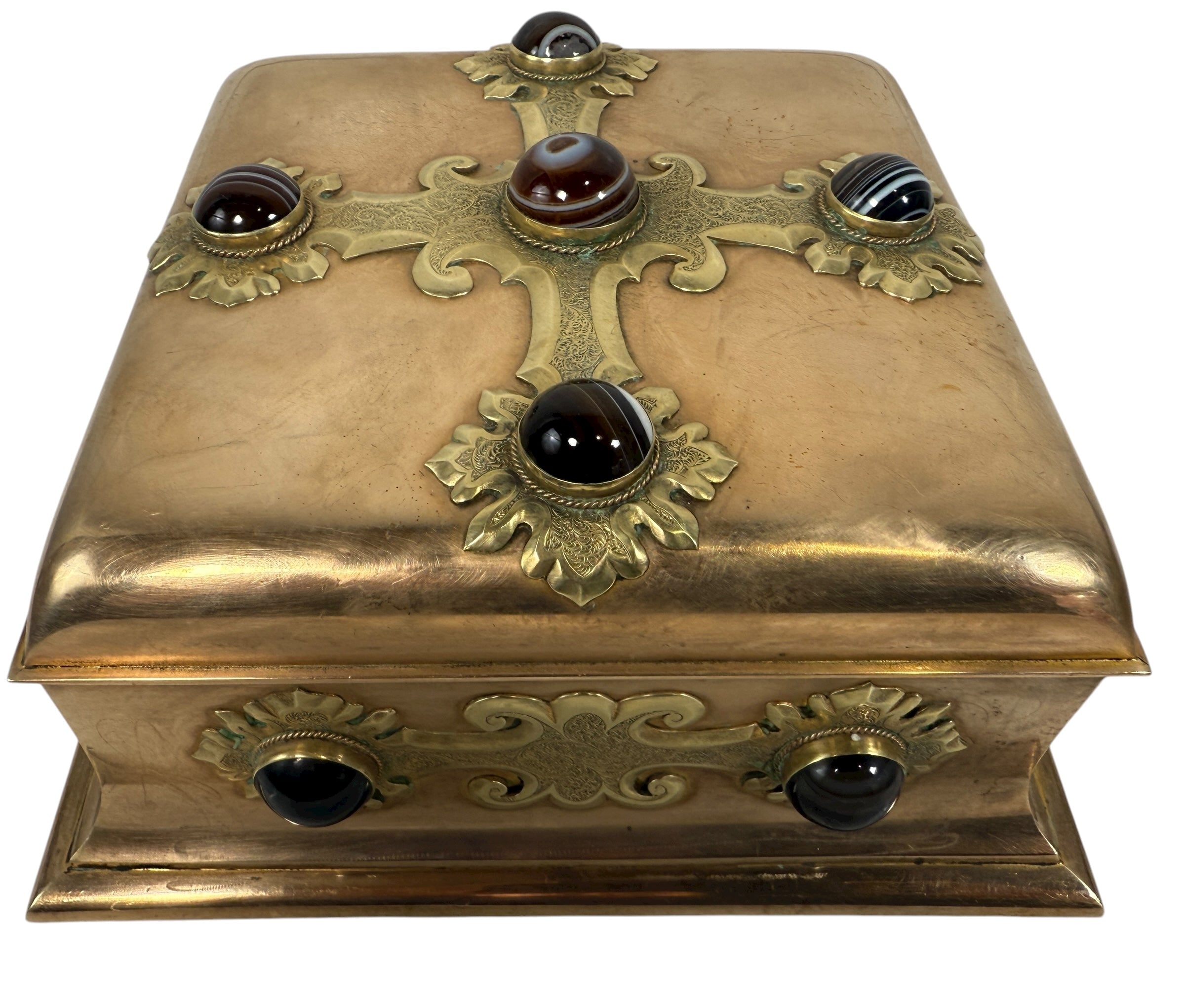 Vintage brass trinket box with agate cabochons and ornate domed lid. Purple lined interior, mid-century style décor piece for jewelry or keepsakes. Unique vintage find.