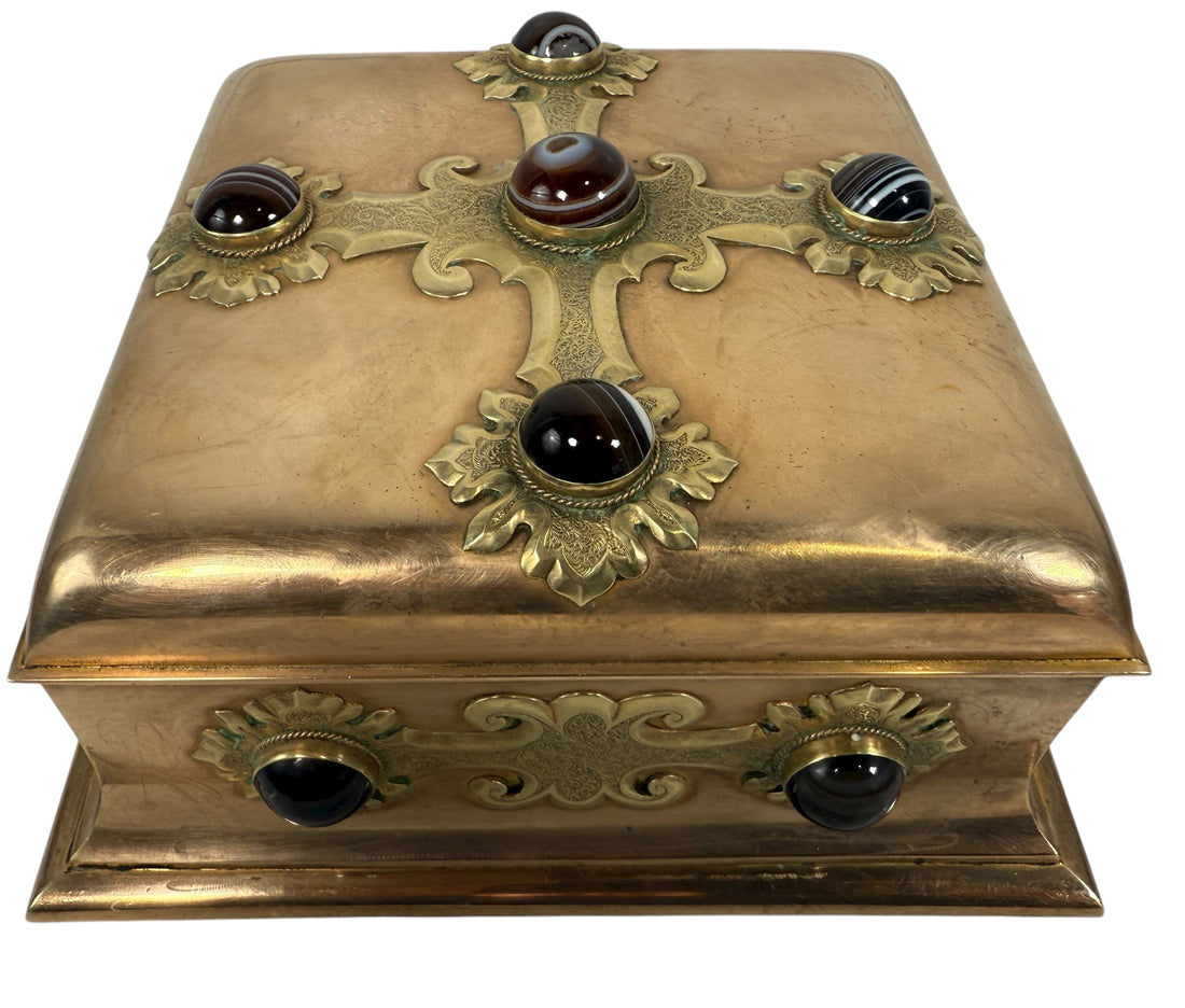 Vintage brass trinket box with agate cabochons and ornate domed lid. Purple lined interior, mid-century style décor piece for jewelry or keepsakes. Unique vintage find.
