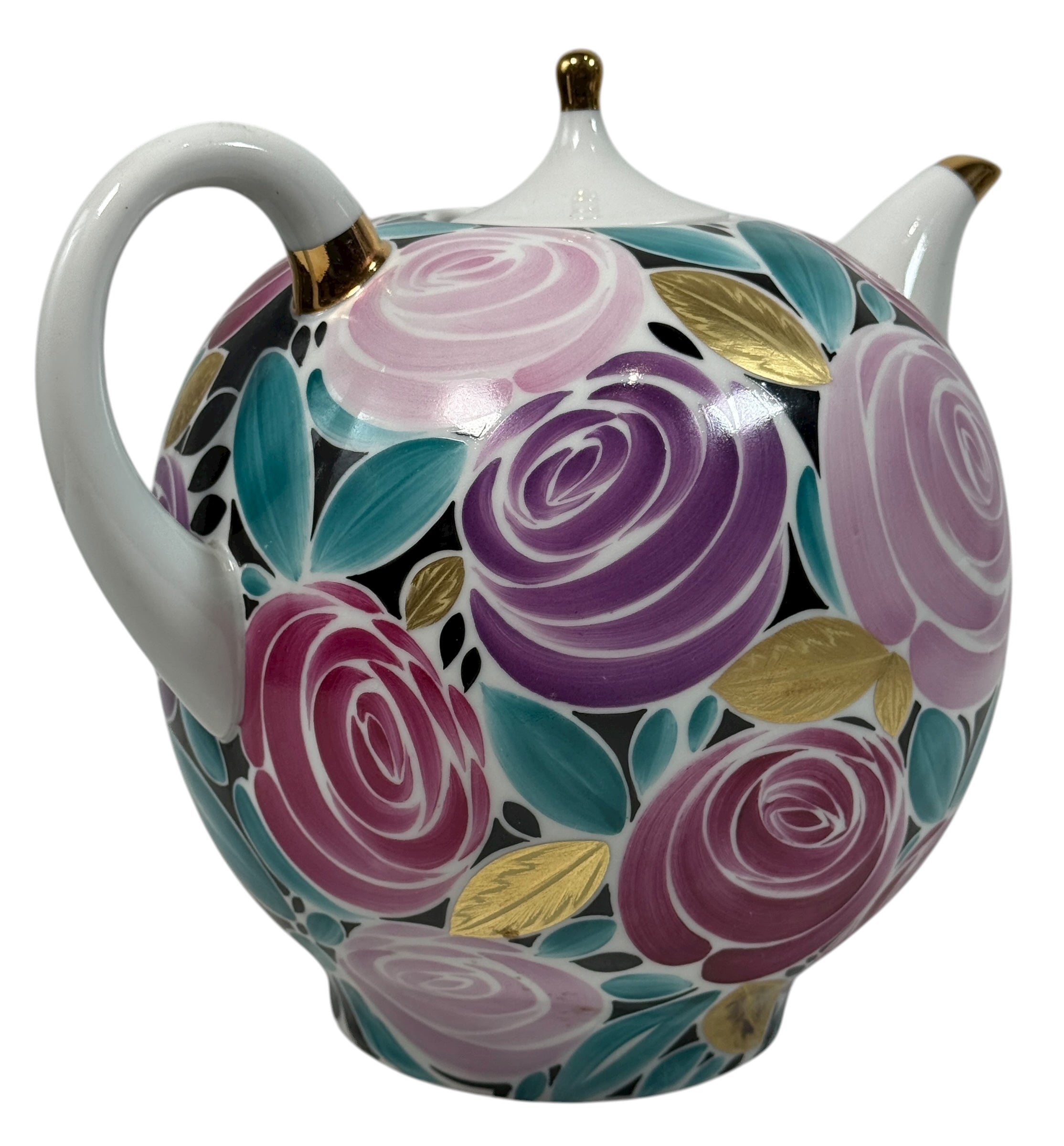 Vintage Lomonosov LFZ 1980s porcelain teapot with hand-painted roses and gold trim. Collectible Soviet-era floral design in excellent condition.