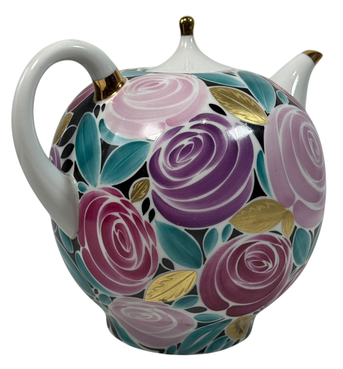 Vintage Lomonosov LFZ 1980s porcelain teapot with hand-painted roses and gold trim. Collectible Soviet-era floral design in excellent condition.