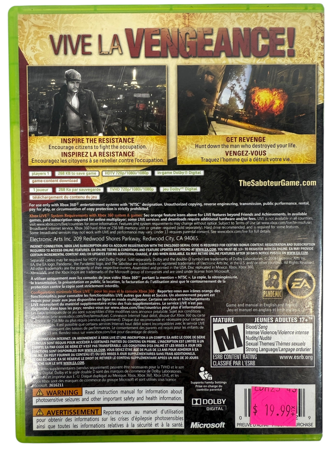 Complete The Saboteur Xbox 360 game with case and manual. Clean disc, NTSC version. Fast Canadian shipping. Great collectible for retro action-game fans.