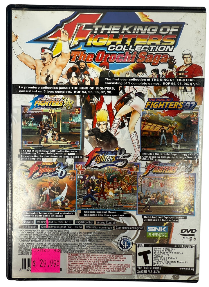 Complete KOF Orochi Saga PS2 set with disc, case, and manual. Tested VG condition. Includes KOF ’94–’98. Essential SNK collection for PS2 fans and collectors.