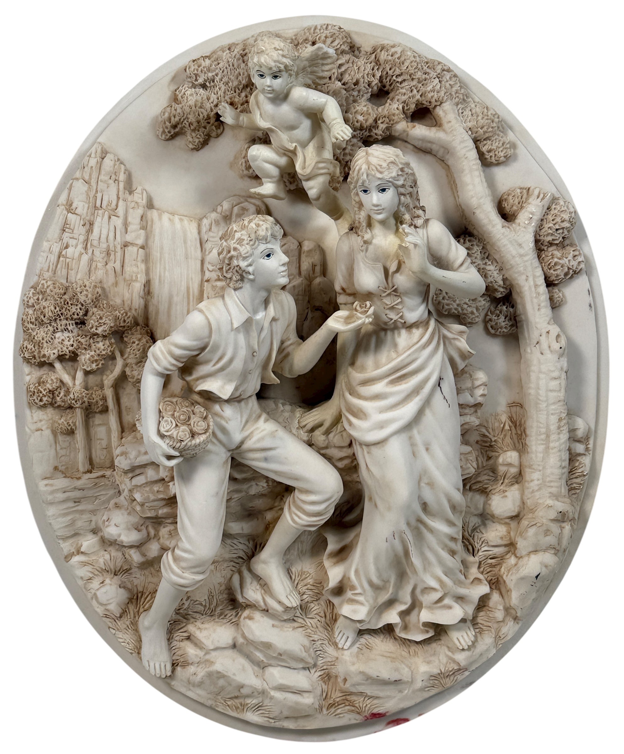 Vintage 13.5” high-relief resin wall plaque with romantic couple and cherub, faux-alabaster finish, detailed mid-century décor. Great statement wall art.