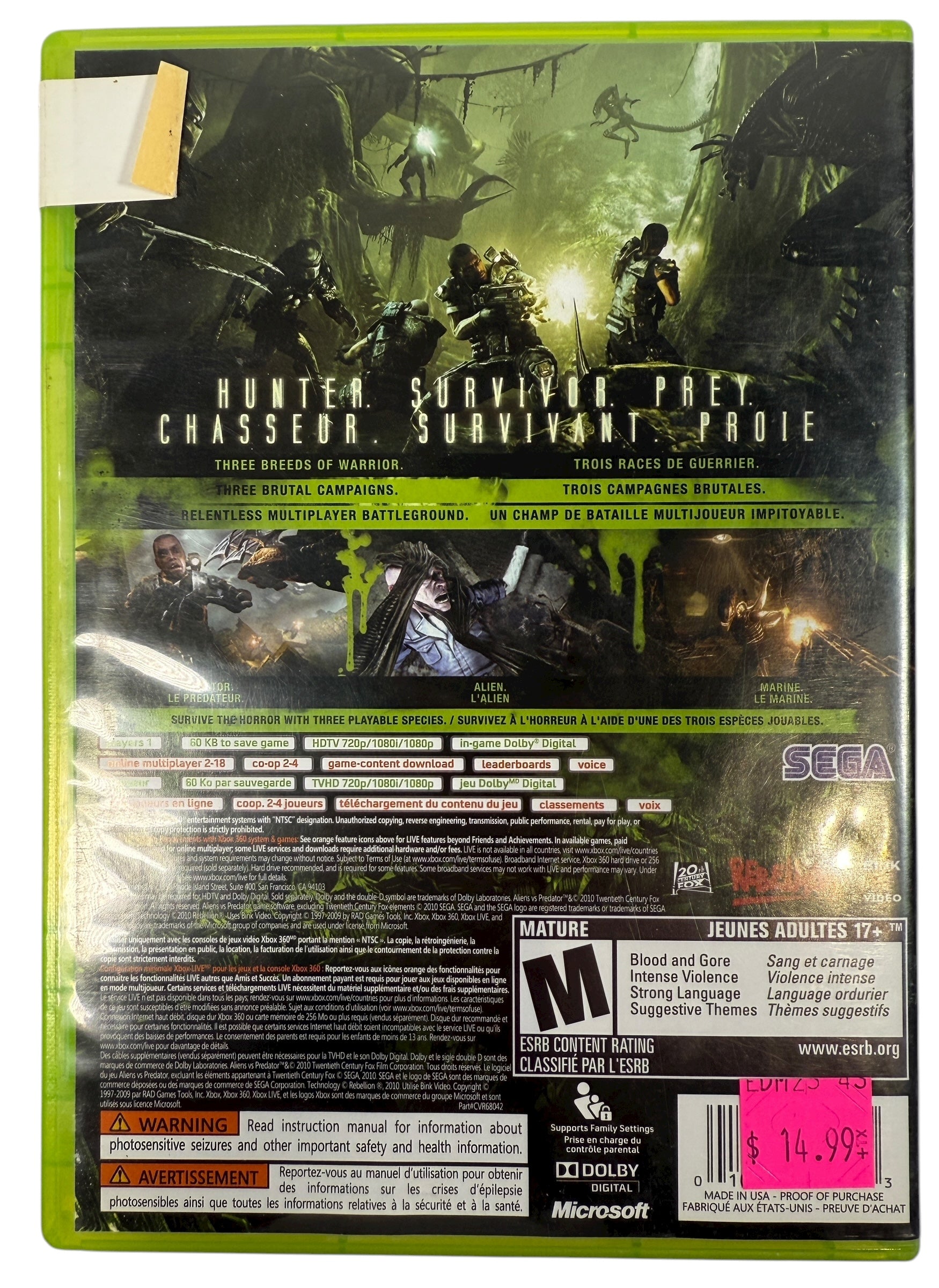 Aliens vs Predator Xbox 360 Complet dans sa boîte