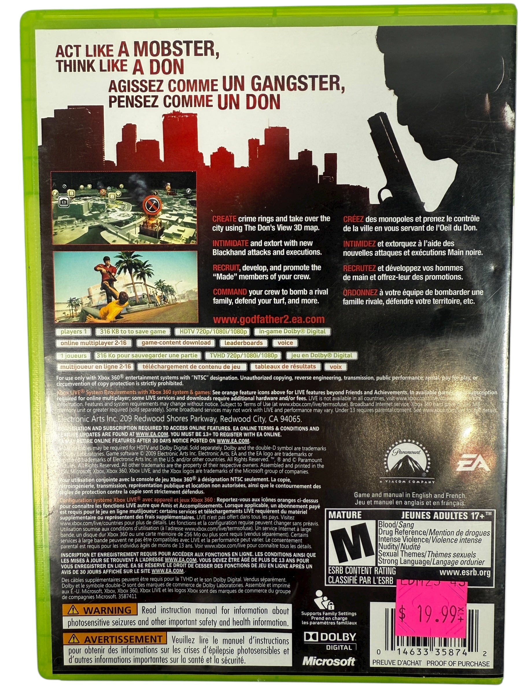 The Godfather II for Xbox 360. Complete with manual, excellent disc, tested NTSC edition. Ships from Canada. Great value for collectors and gamers.