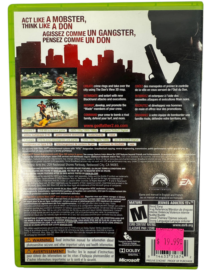 The Godfather II for Xbox 360. Complete with manual, excellent disc, tested NTSC edition. Ships from Canada. Great value for collectors and gamers.