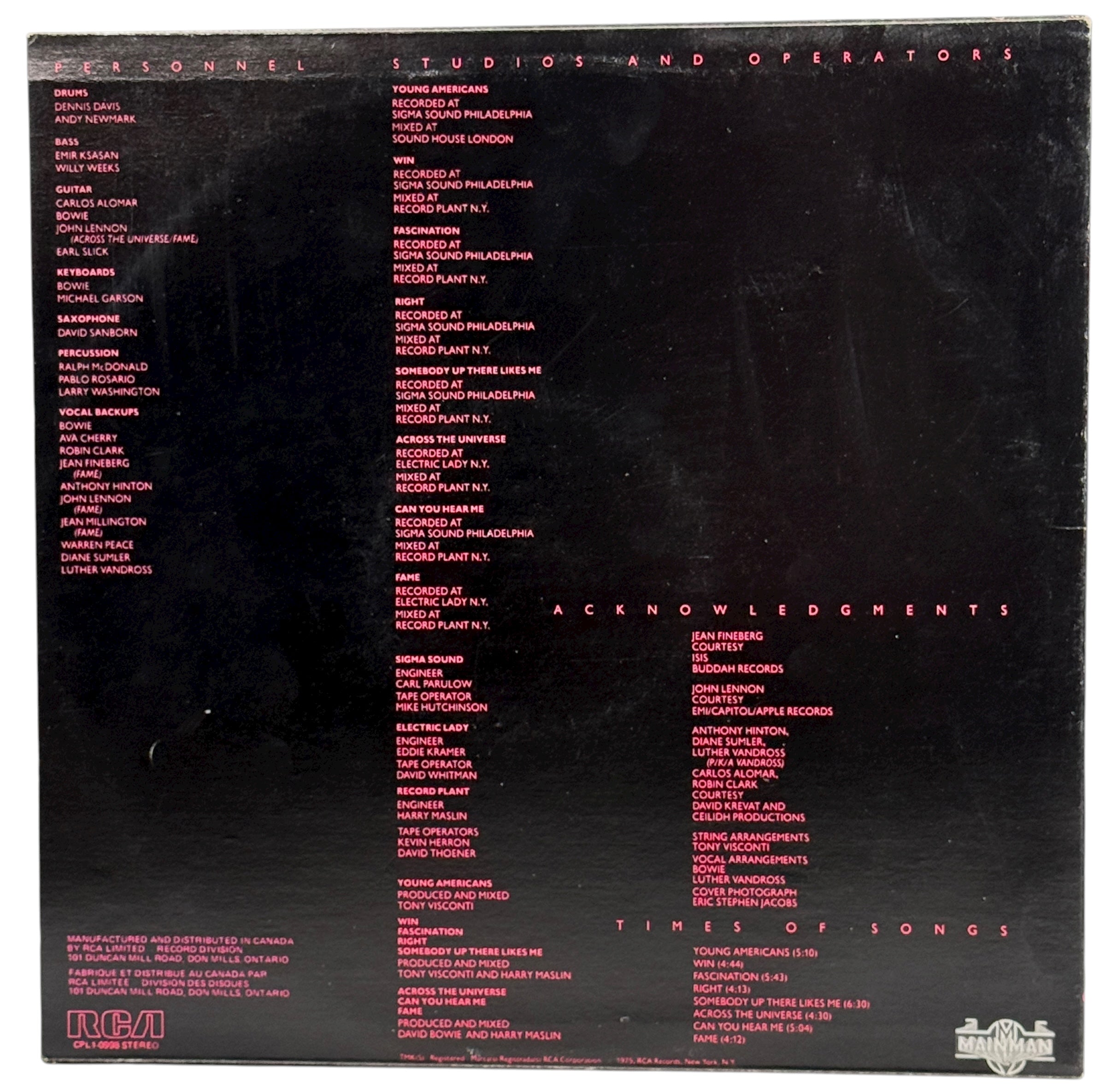 1975 David Bowie Young Americans Canadian RCA Dynaflex LP. G/VG condition classic soul-era album. Collectible vintage Bowie vinyl.