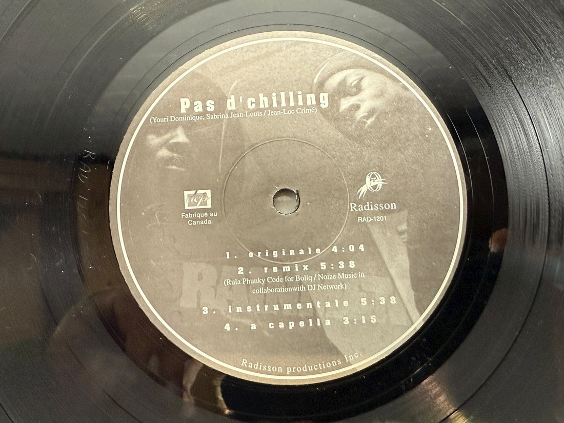 Rare Radisson Productions Pas d’chilling Move On 12” Canadian hip hop single. VG vinyl, scarce Québec indie rap release with remix and instrumental versions.