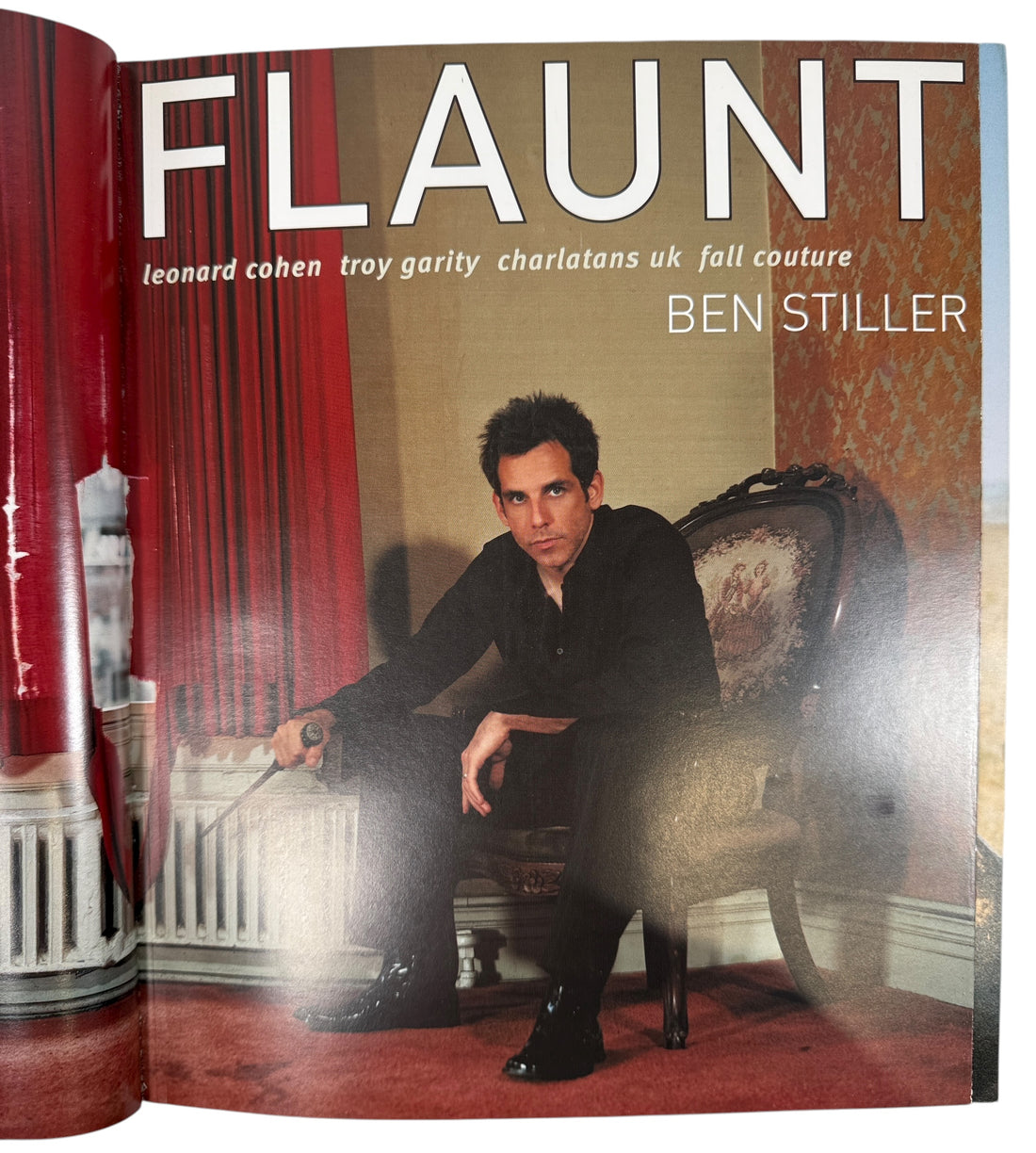 Vintage Flaunt Magazine Oct 2001 with Ben Stiller cover and Leonard Cohen feature. VG+ with original You Glow Ghoul insert. Collectible early 2000s issue.