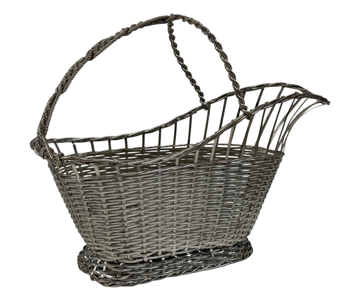 Vintage WA France silver-plated woven wine cradle. Mid-century French design, hand-woven, ideal for serving aged wine. Excellent condition, collectible piece.