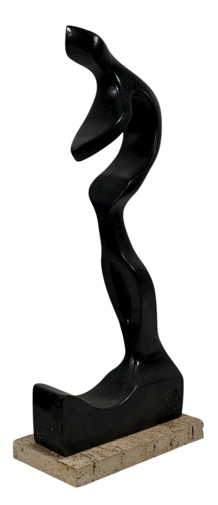 Large signed abstract wood sculpture on granite base, 18.75” tall. Modern studio-crafted décor piece with bold form and artisan finish.