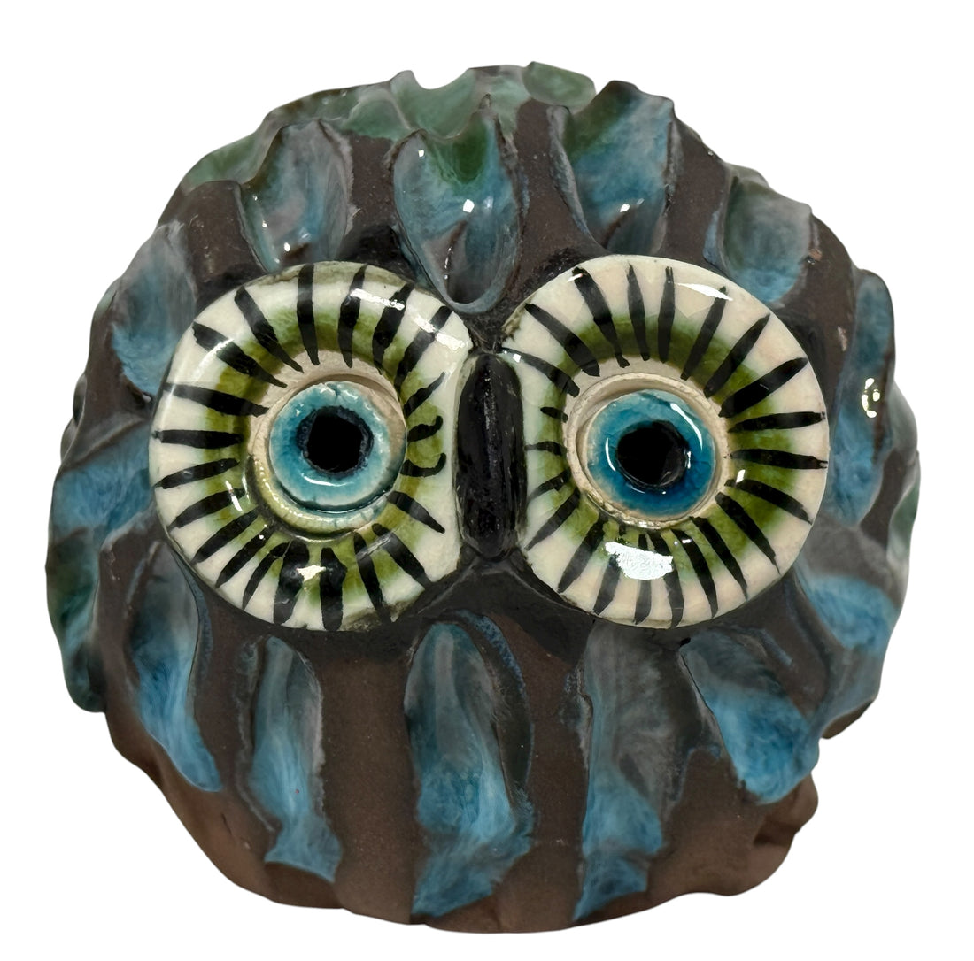 Handmade studio pottery owl sculpture in terracotta with glazed details. Mid-century style decor, artisan-crafted, unique collectible ceramic figure.