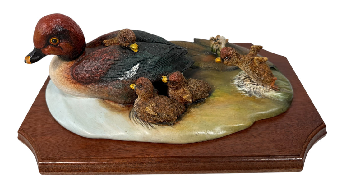 Early-number 1980 Bossons Crown Collection “First Outing” Goldeneye Ducks plaque. Hand-painted, excellent condition, original hardwood mount.