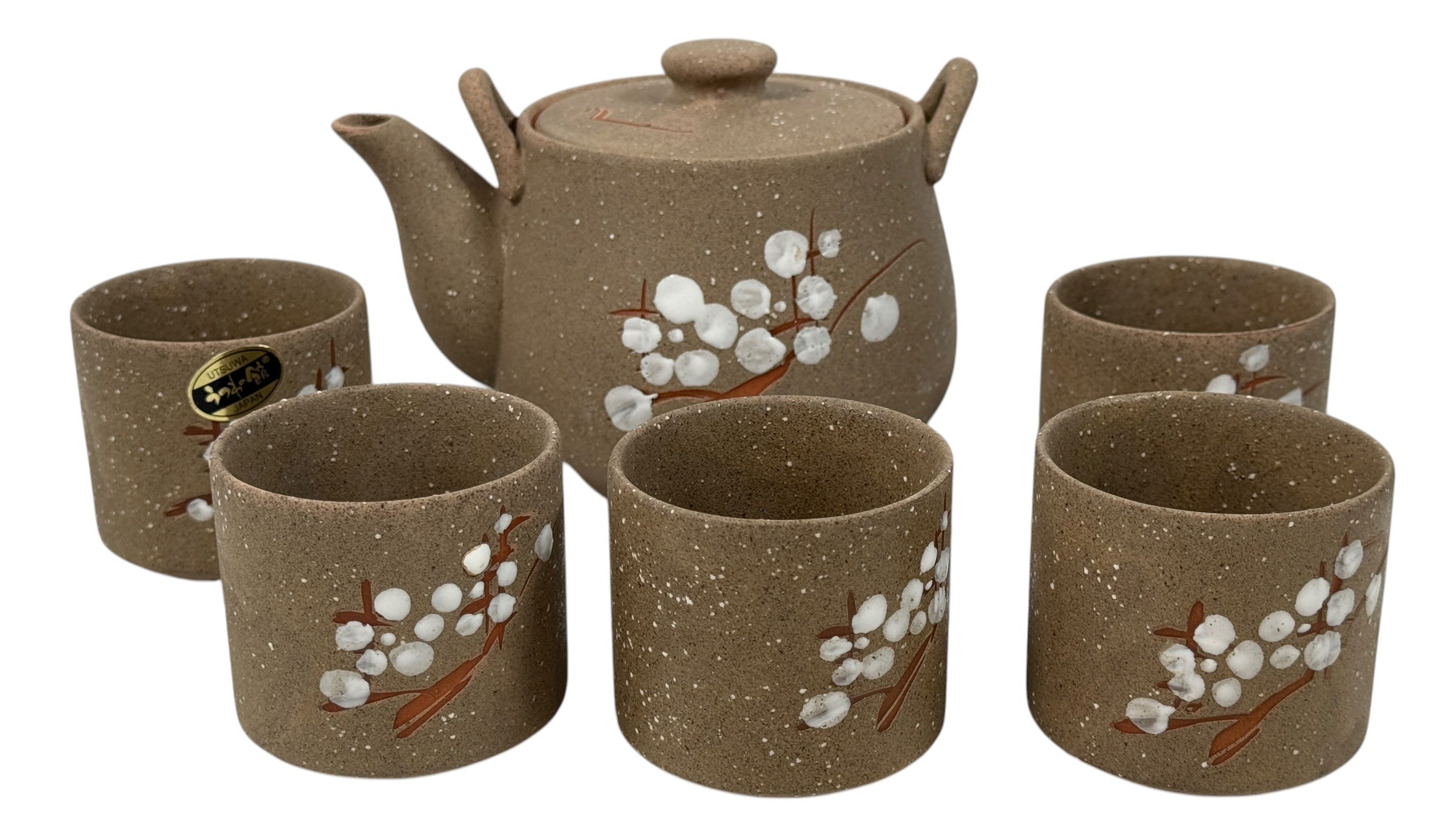 UTSUWA Japan stoneware tea set with plum blossom design, boxed with teapot and six cups. Excellent condition. Great Japanese ceramic gift set.