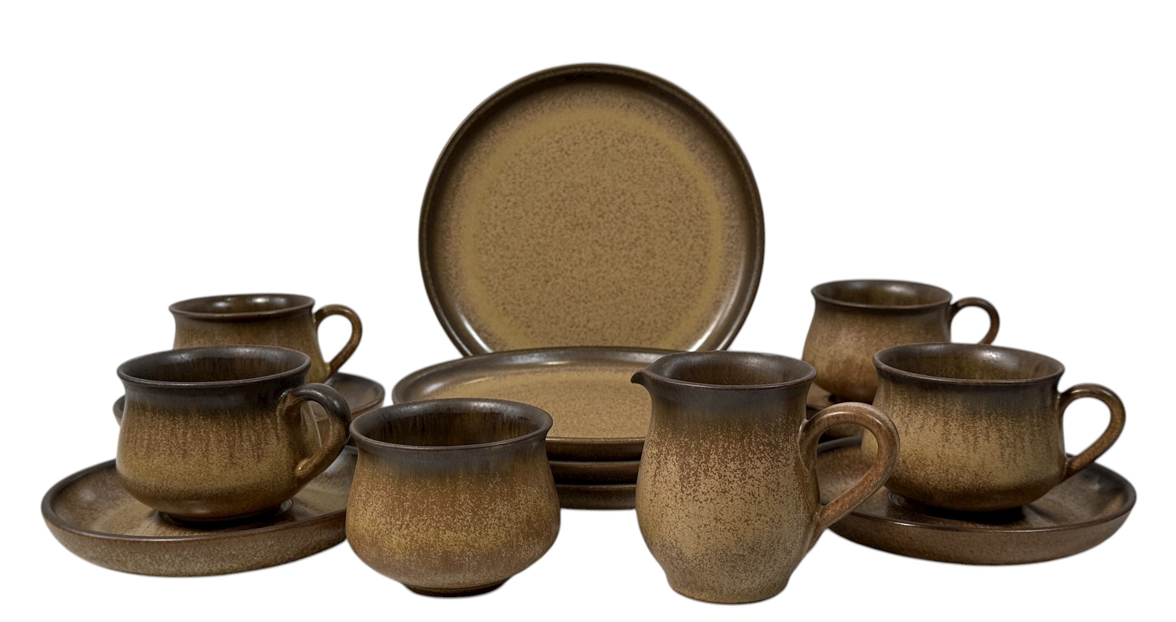 Vintage Denby England stoneware tea set, 10-piece matching speckled beige collection. Cups, saucers, plates, creamer, sugar bowl. Durable and collectible.
