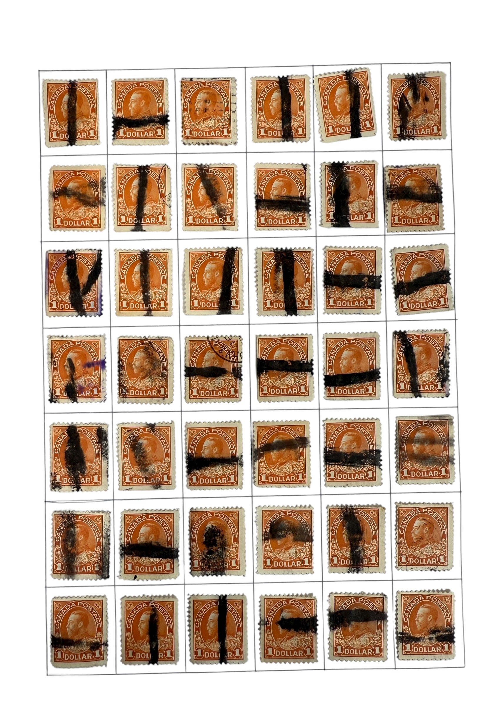 Three complete sheets (120 total) of Canada Scott #122 $1 King George V stamps with fiscal pen cancels. Early 1900s revenue history. Great collector value.