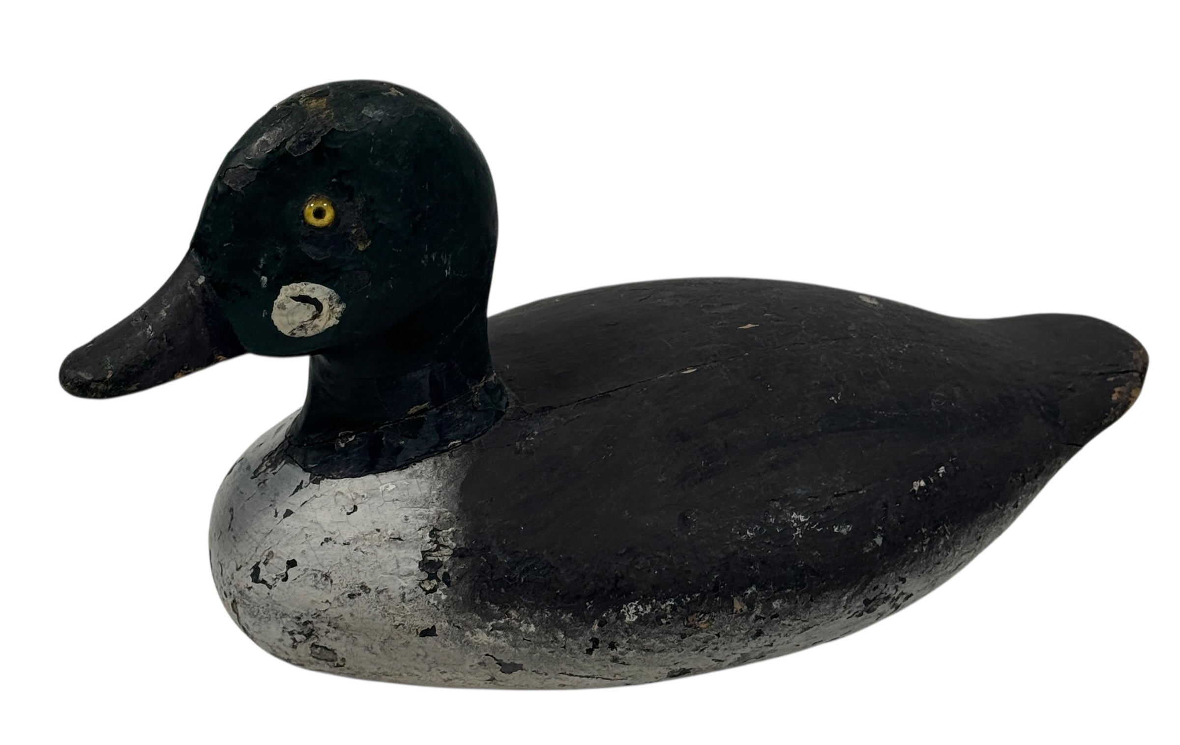 Vintage Quebec duck decoy attributed to Rivest of St-Sulpice. Hand-carved folk art with original ballast and authentic working wear. Collectible Canadian carving.