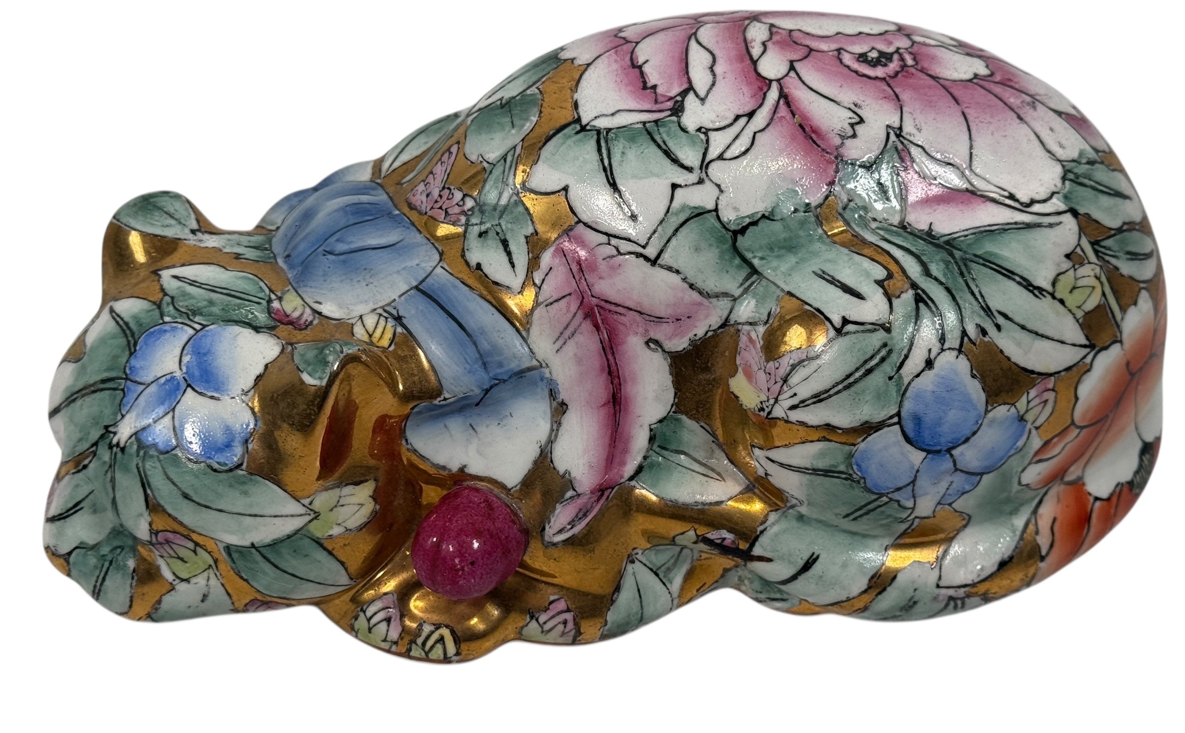 Large 10” Famille Rose porcelain reclining cat with floral enamels and gilt details. Mid-century Chinese export decor piece. Beautiful display sculpture.