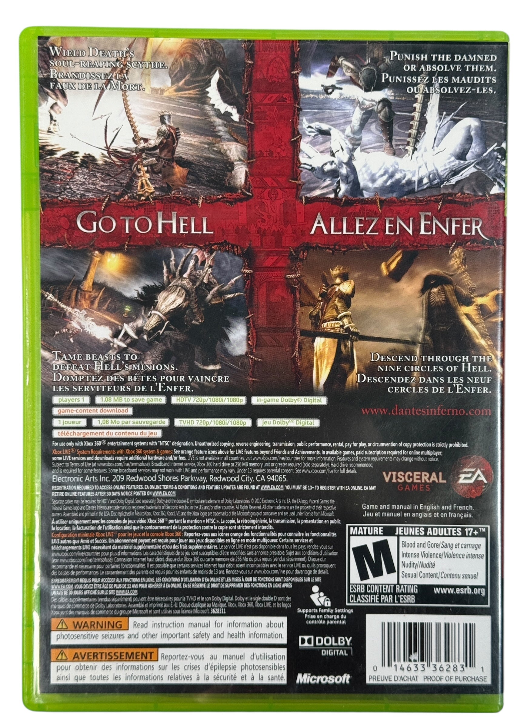 Complete Dante’s Inferno Xbox 360 with disc, case and manual. Very good condition, tested and authentic. Fast shipping from Montreal. Eco Depot sustainable resale.