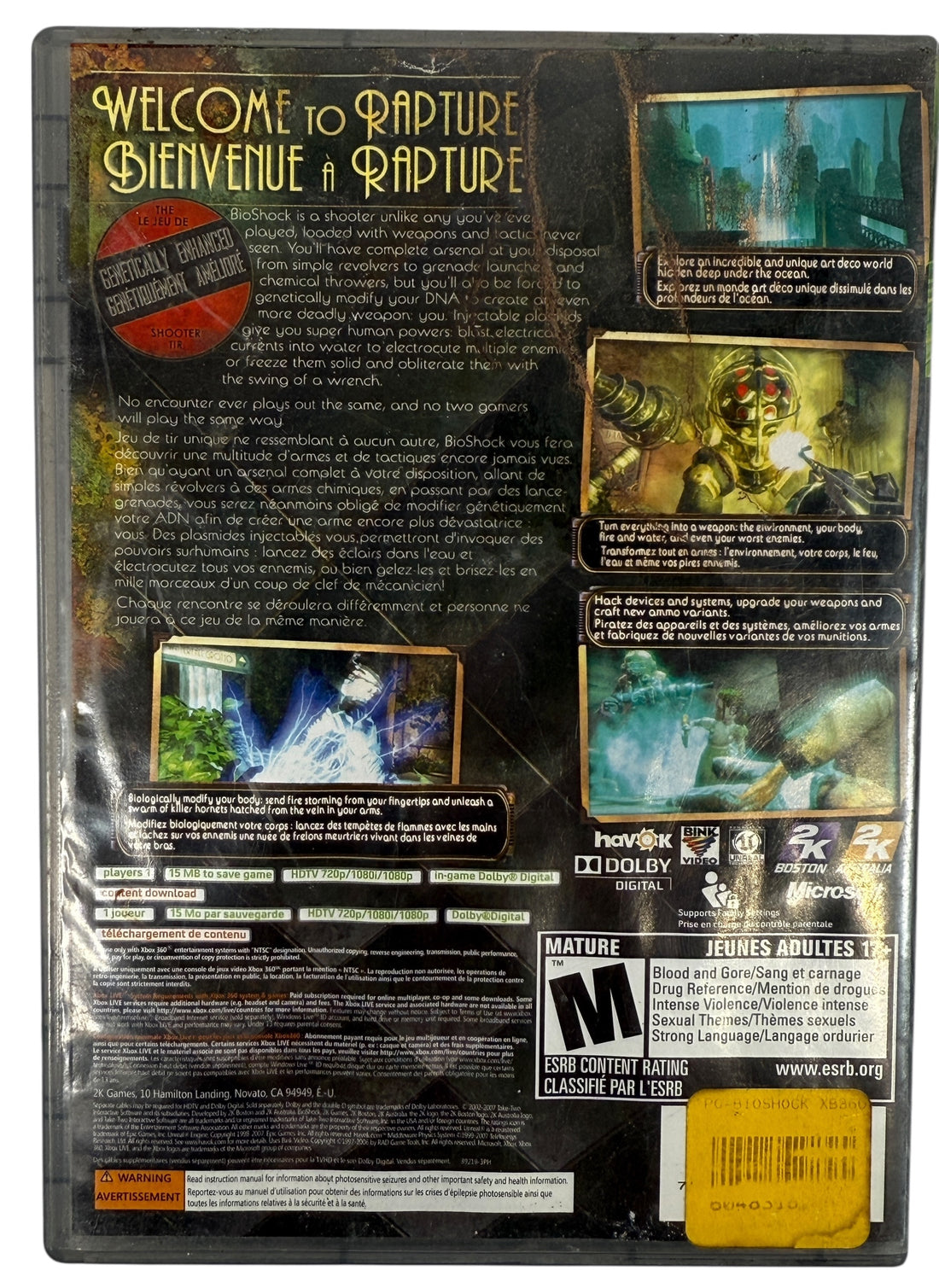 BioShock Xbox 360 Platinum Hits edition. Complete and tested. Classic action-horror game set in Rapture. Ships quickly from Montreal.