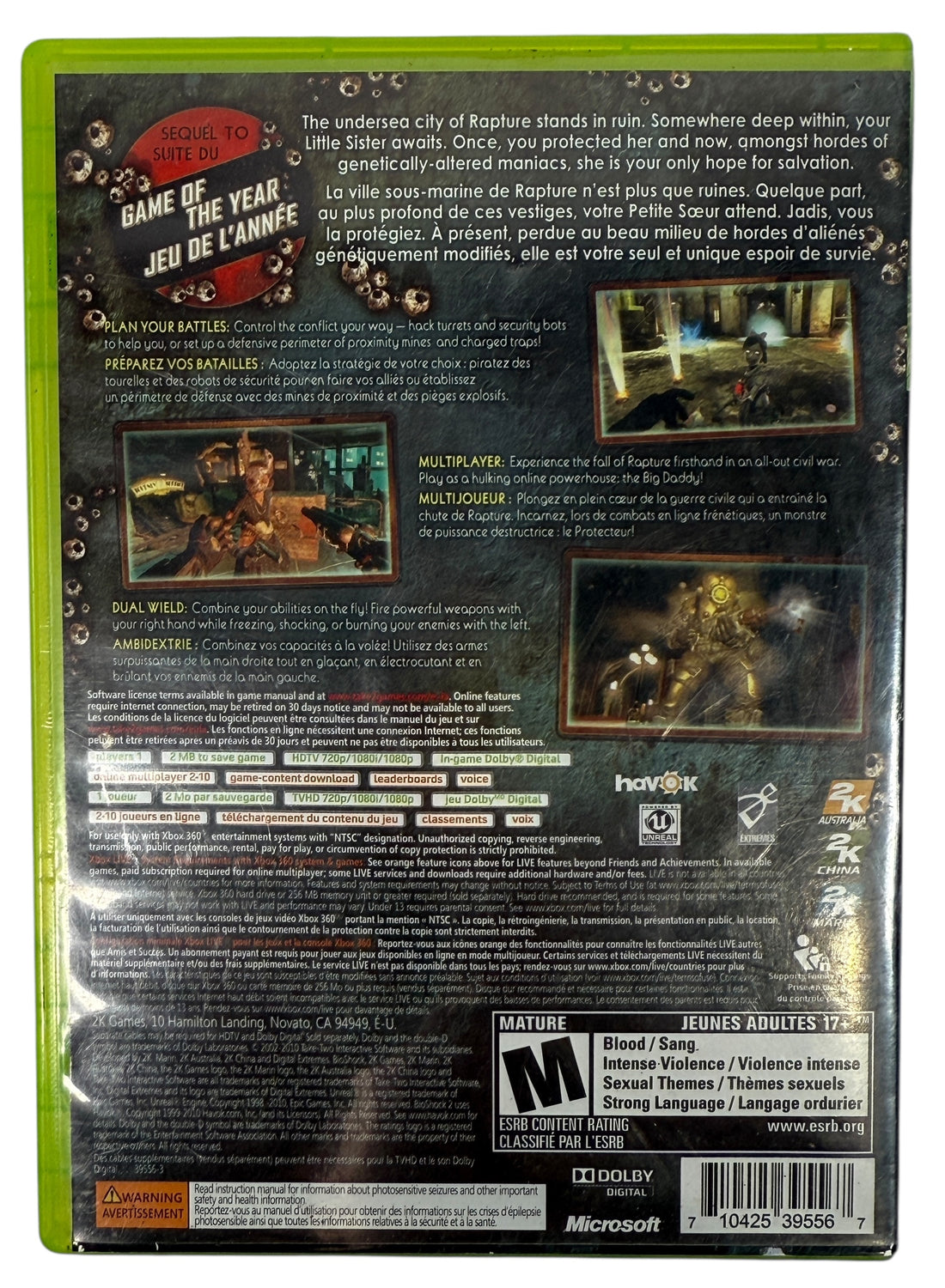 BioShock 2 Xbox 360 complete with disc and manual. NTSC edition in good working condition. Classic action shooter in Rapture. Fast Canadian shipping.