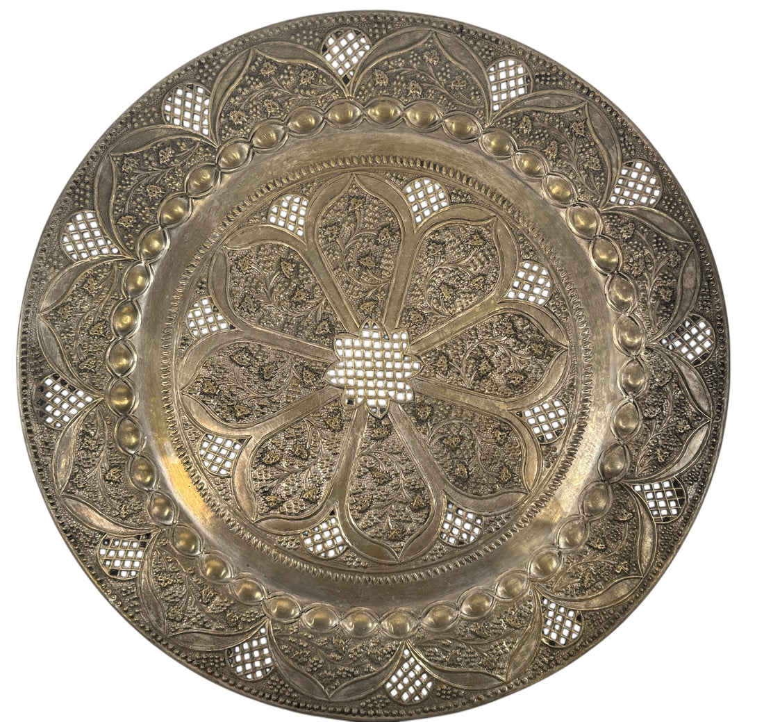 Vintage 24” solid brass tray made in India with hand-chased floral design and pierced edging. Ideal for décor or table use. Classic mid-century export piece.