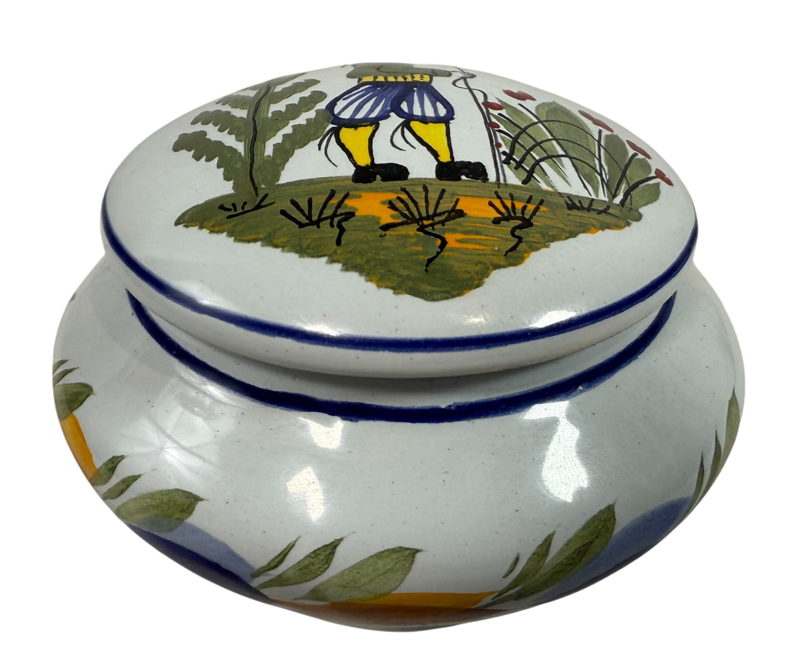Hand-painted Henriot Quimper faience covered bowl with Breton figure lid, dated 2001. Studio-quality collectible in excellent condition. France-made ceramic.