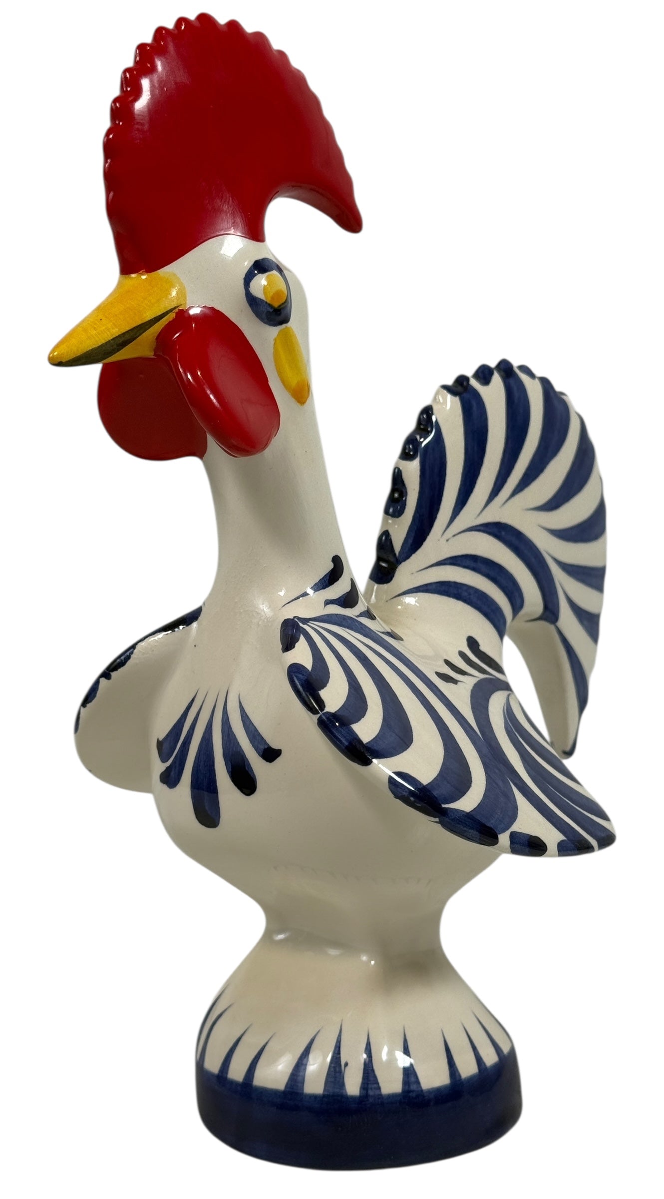 Hand-painted Portuguese ceramic rooster, 8¼” signed studio piece. Cobalt blue folk-art décor with excellent detail. Vintage-style collectible pottery.