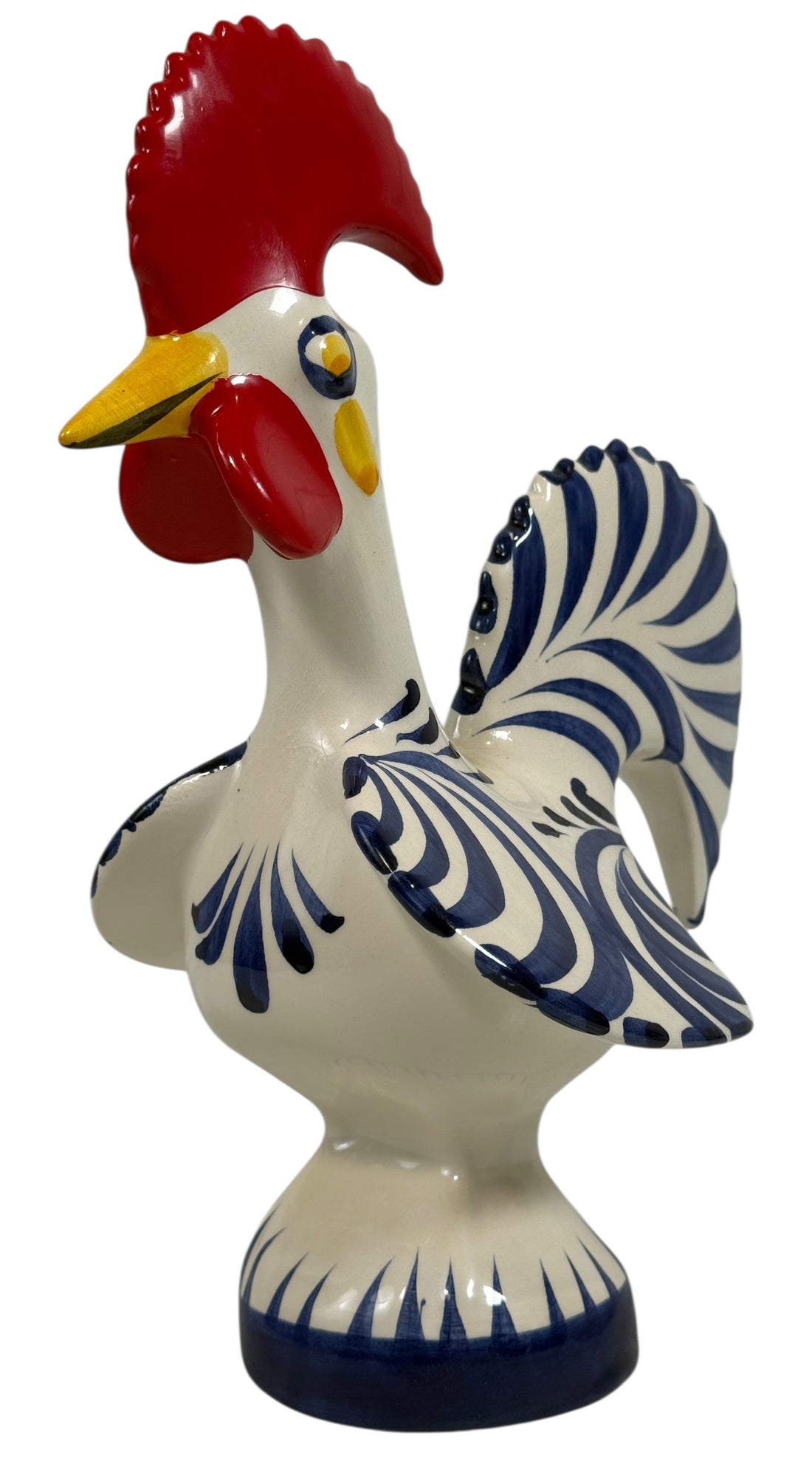 Hand-painted Portuguese ceramic rooster, 8¼” signed studio piece. Cobalt blue folk-art décor with excellent detail. Vintage-style collectible pottery.