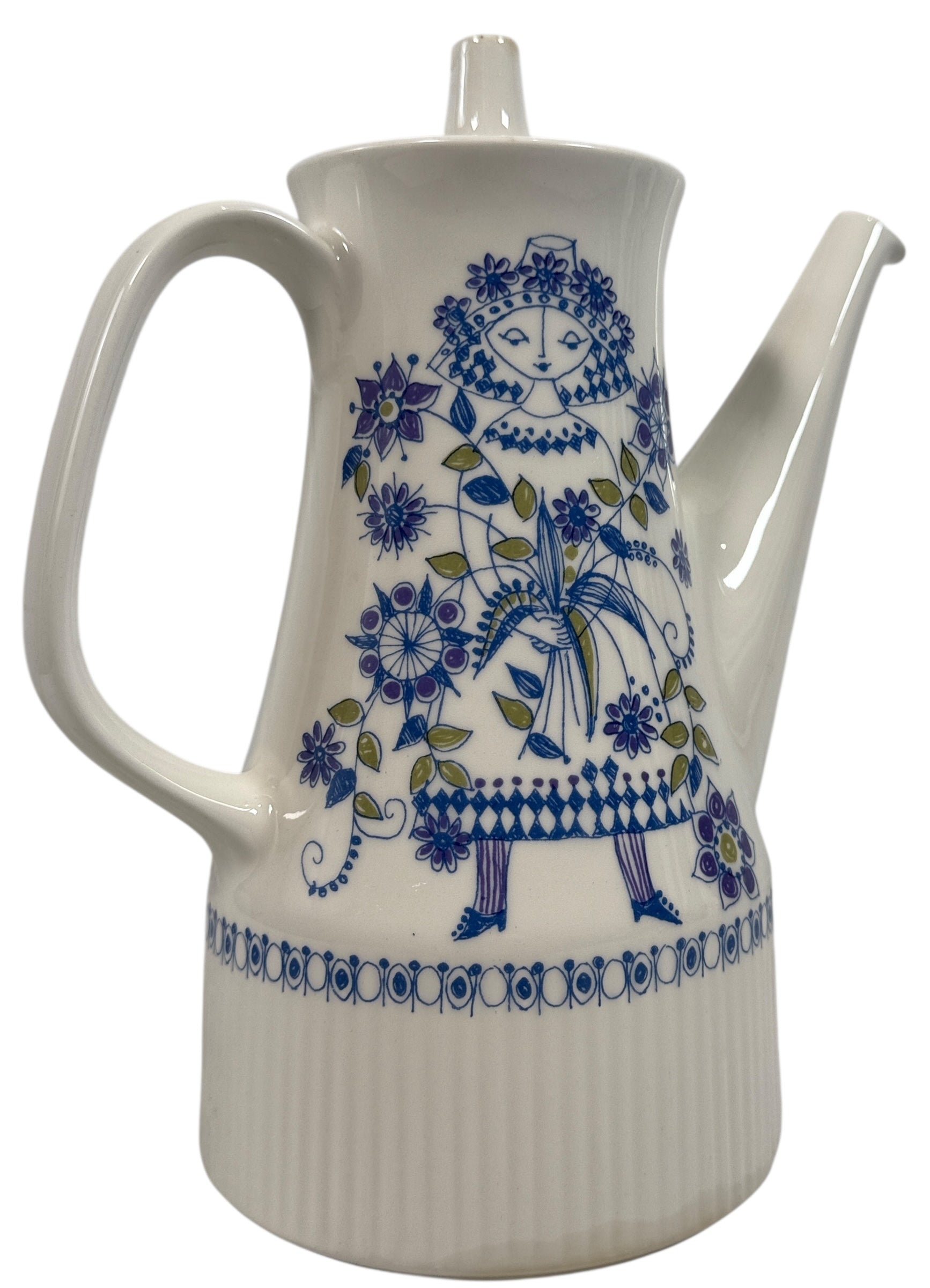 Vintage Lotte Norway Hand-Painted Coffee Pot – Blue Folk Art Woman – 8¼”