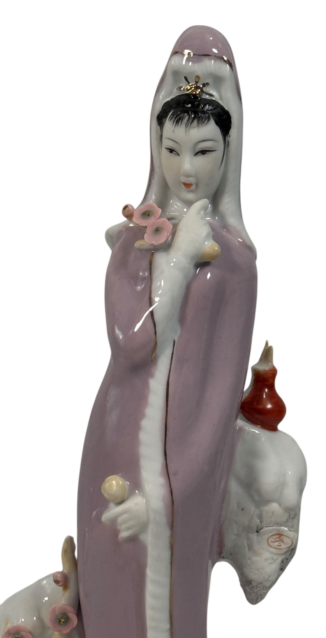 Vintage Chinese export Guanyin porcelain figurine with pastel lavender robe. Mid-century Buddhist decor, serene and elegant, in very good condition.