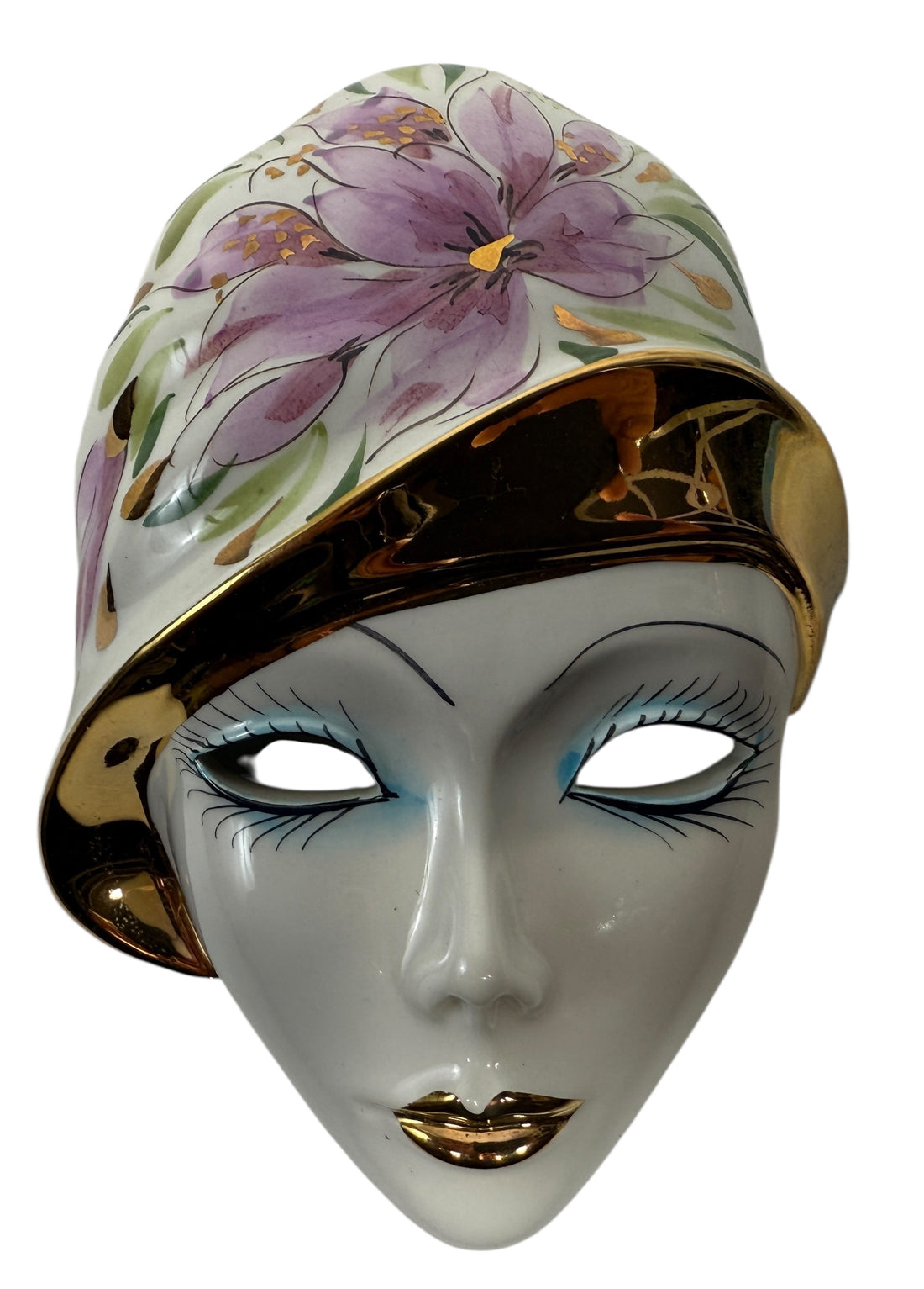 Vintage Italian Capodimonte porcelain wall mask with gold trim. Hand-painted decorative ceramic wall art made in Italy.