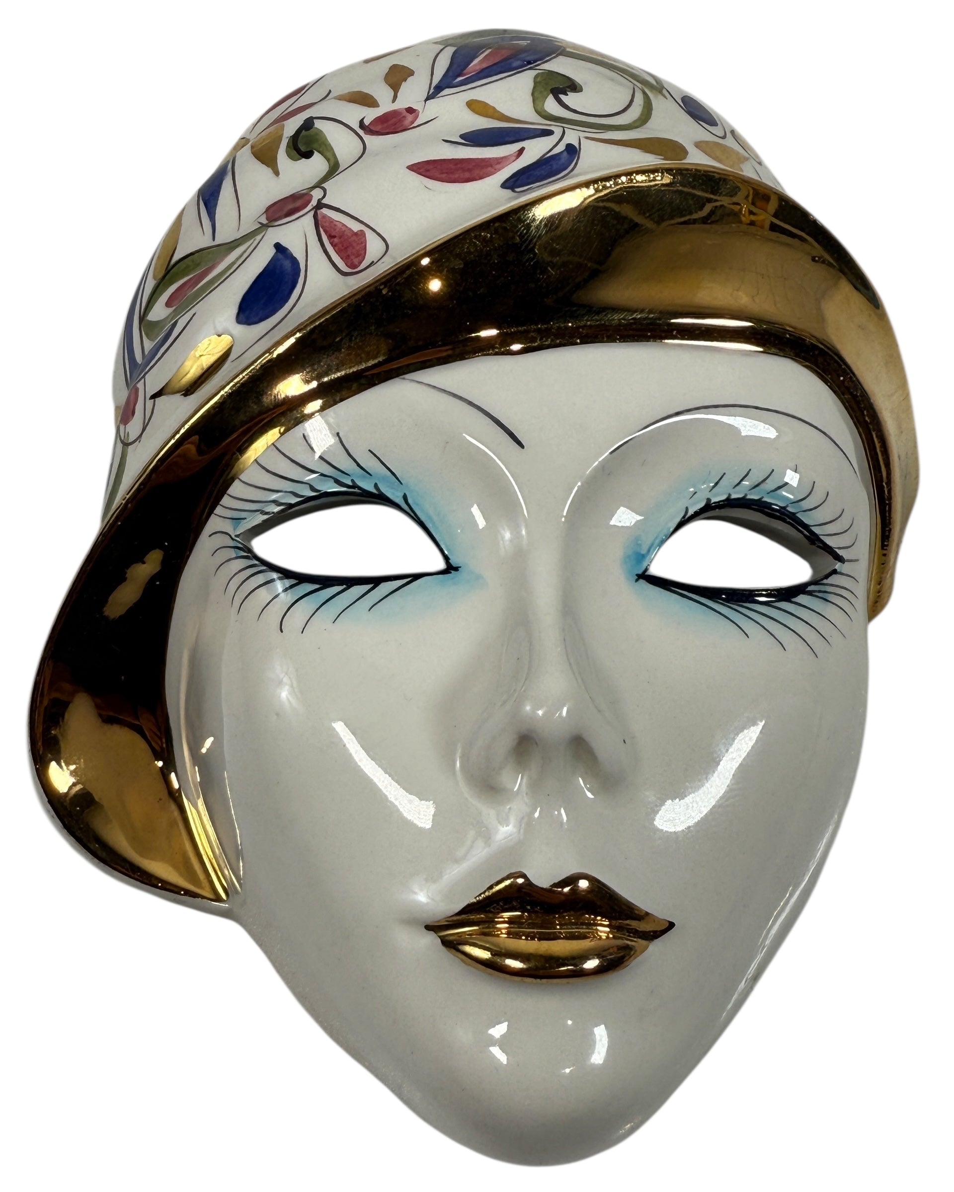 Vintage Italian ceramic wall mask from Modena with hand-painted floral design and gold accents. Authentic mid-century wall décor made in Italy.