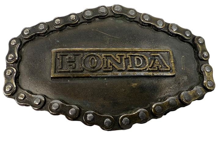 Vintage 1976 Honda motorcycle belt buckle by Great American Buckle Co. USA-made with real chain edge, authentic biker collectible.
