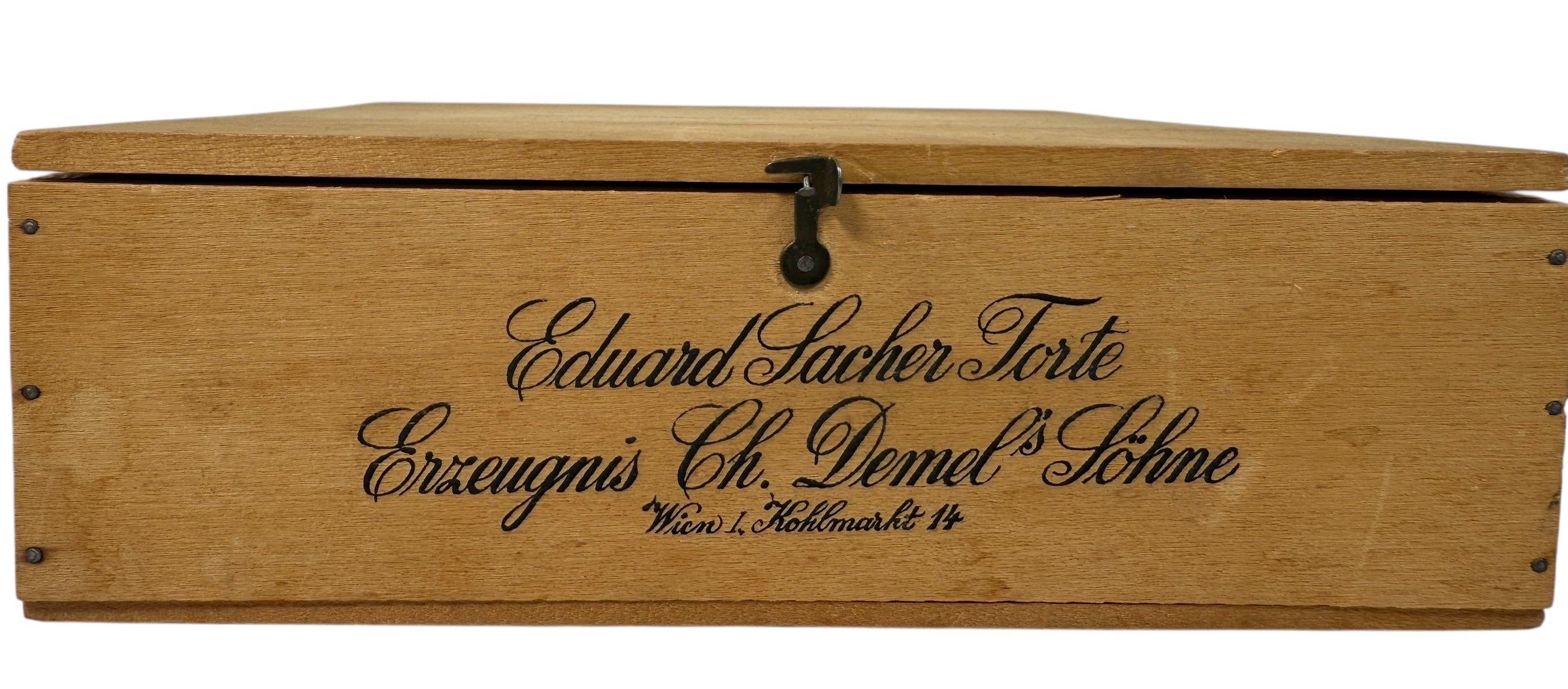 Early 20th century Demel Vienna Sacher Torte wooden cake box. Authentic Austrian culinary ephemera from historic Kohlmarkt café.