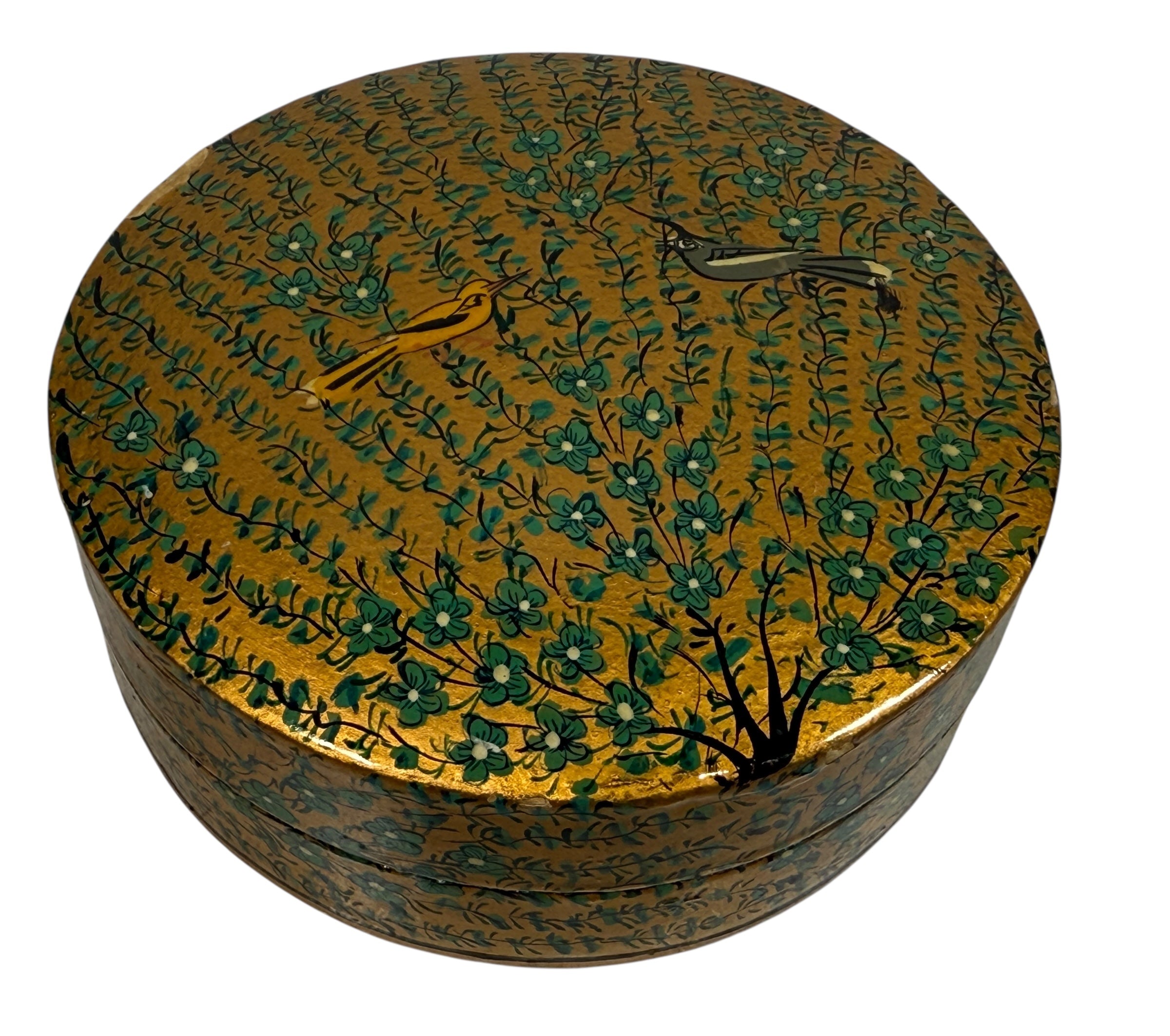 Vintage Kashmiri papier-mâché box with six matching coasters, hand-painted floral and bird design, traditional Indian folk art decor.