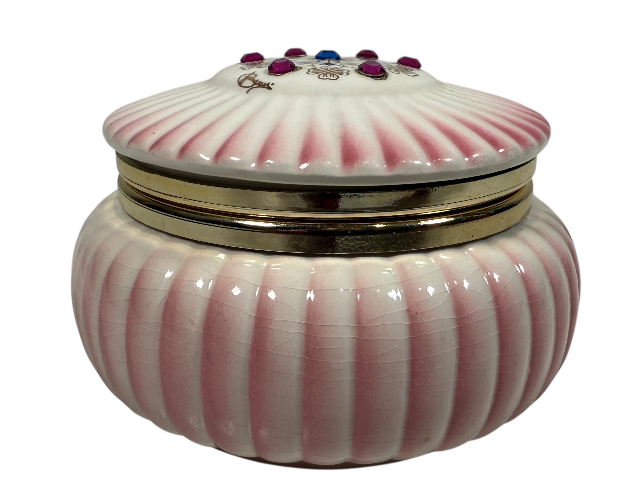Vintage Italian porcelain trinket box with jeweled lid, Capodimonte-style décor, Made in Italy, mid-century vanity box with gilt floral details.