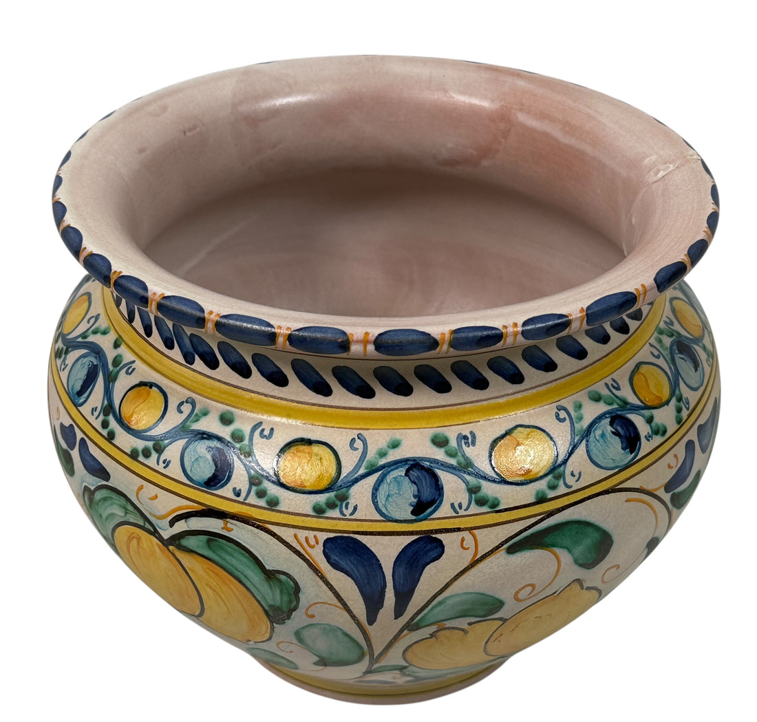 Hand-painted Spanish ceramic planter in blue and yellow majolica style. Vintage decorative cachepot with folk-art charm, ideal for plants or display.