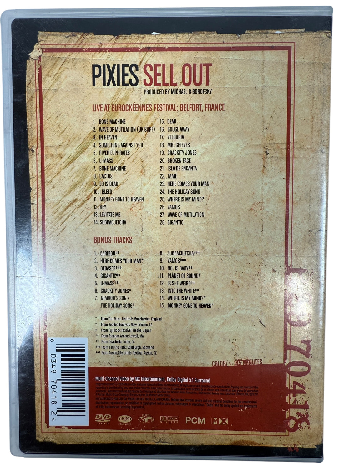 Official Pixies Sell Out 2004 Reunion Tour DVD featuring full live concert plus bonus festival performances. Dolby Digital 5.1. Tested, VG condition.
