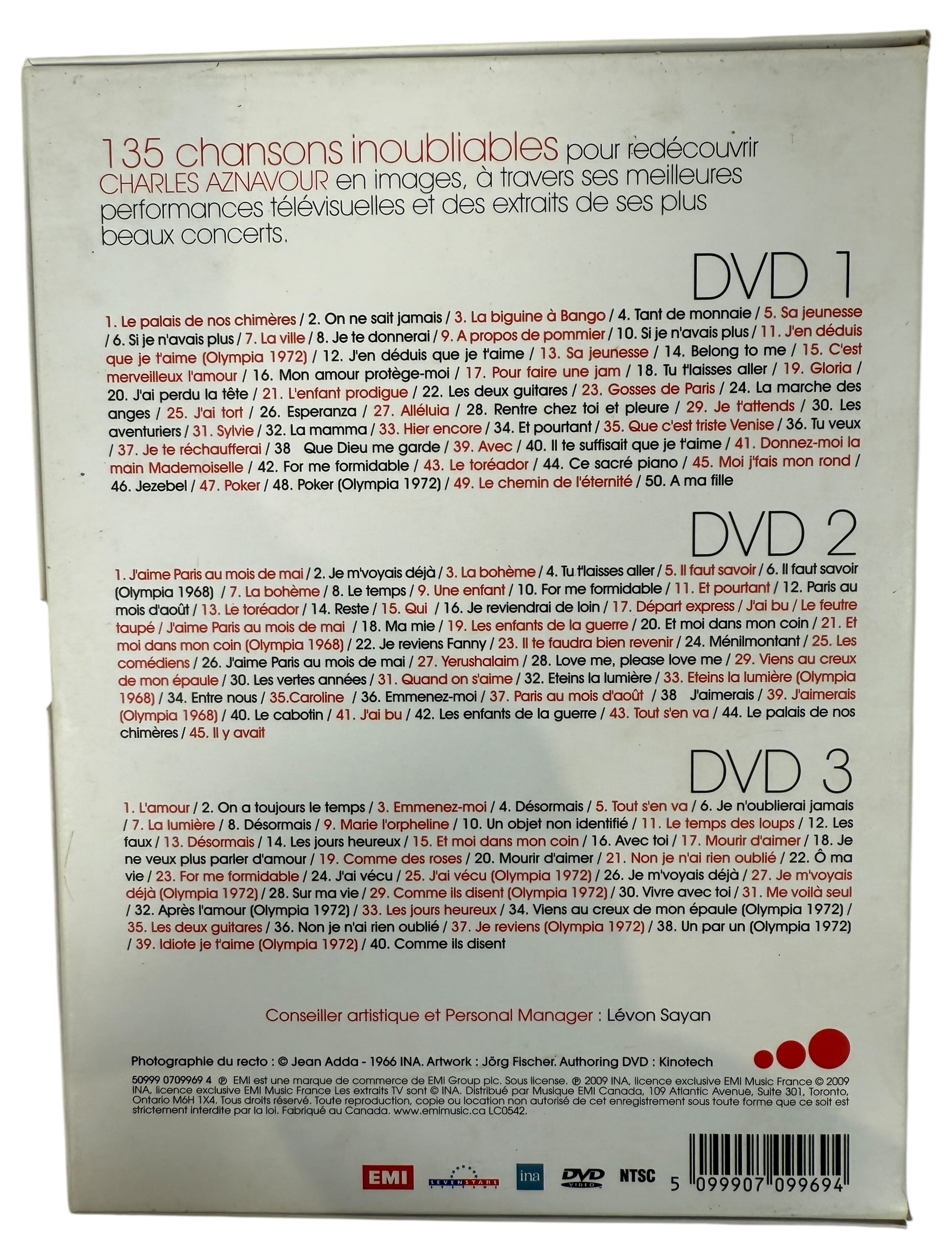 Rare 3-DVD Charles Aznavour anthology featuring 135 classic performances from 1955–1972. EMI France collector edition. Complete set.