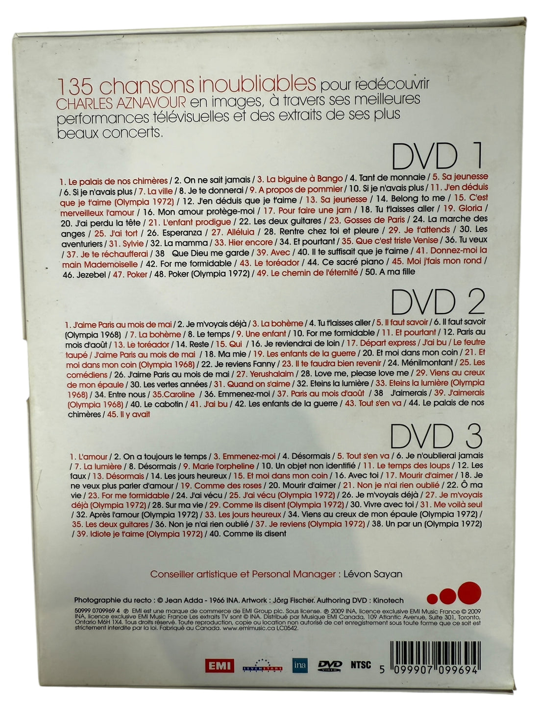 Rare 3-DVD Charles Aznavour anthology featuring 135 classic performances from 1955–1972. EMI France collector edition. Complete set.