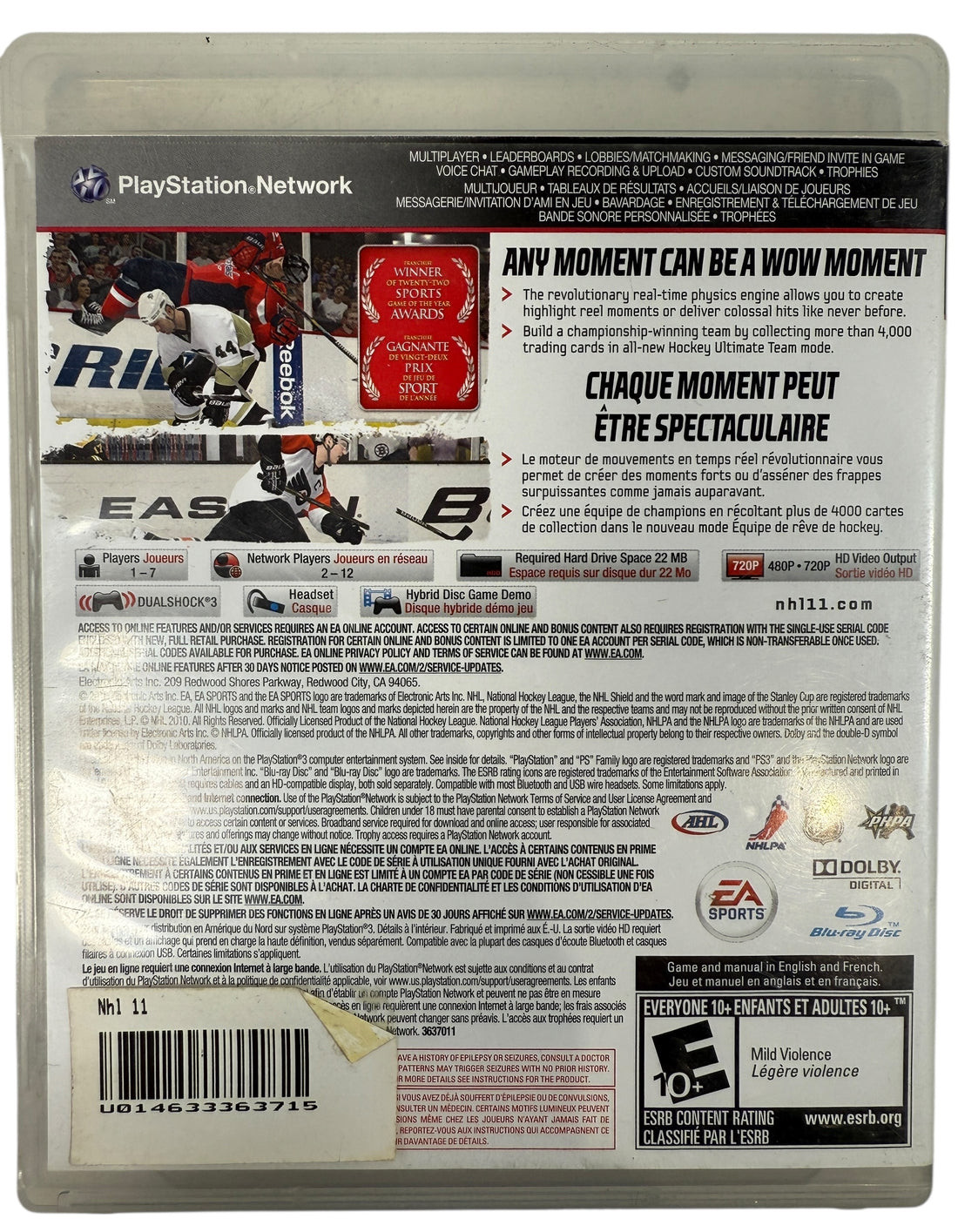 Complete NHL 11 hockey game for PS3 with original case and manual. Clean disc, offline play supported. Classic EA Sports NHL title.