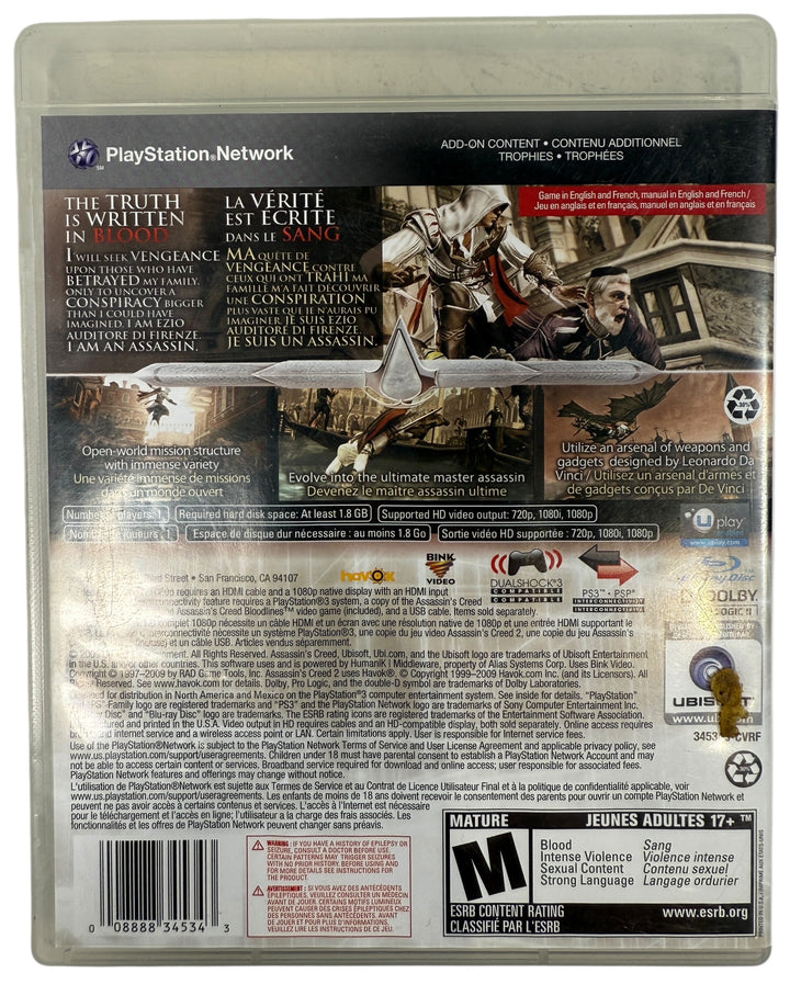 Classic PS3 action-adventure Assassin’s Creed II by Ubisoft. Complete with disc, case, and manual. Tested, clean copy, fast shipping.