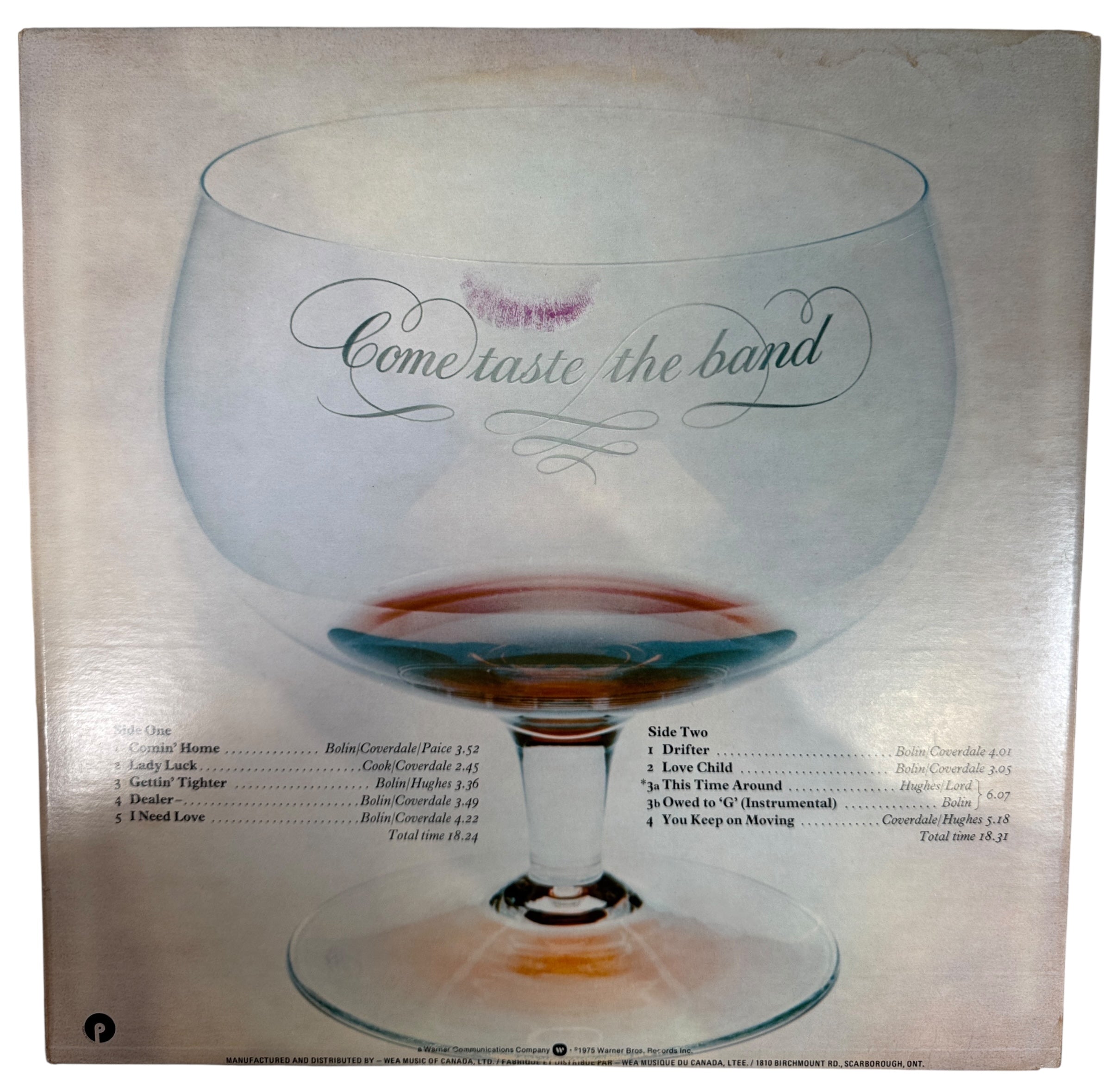 1975 Deep Purple Come Taste the Band LP on Warner Bros. Canadian pressing. VG+ vinyl, VG sleeve, classic hard rock from the Tommy Bolin era.